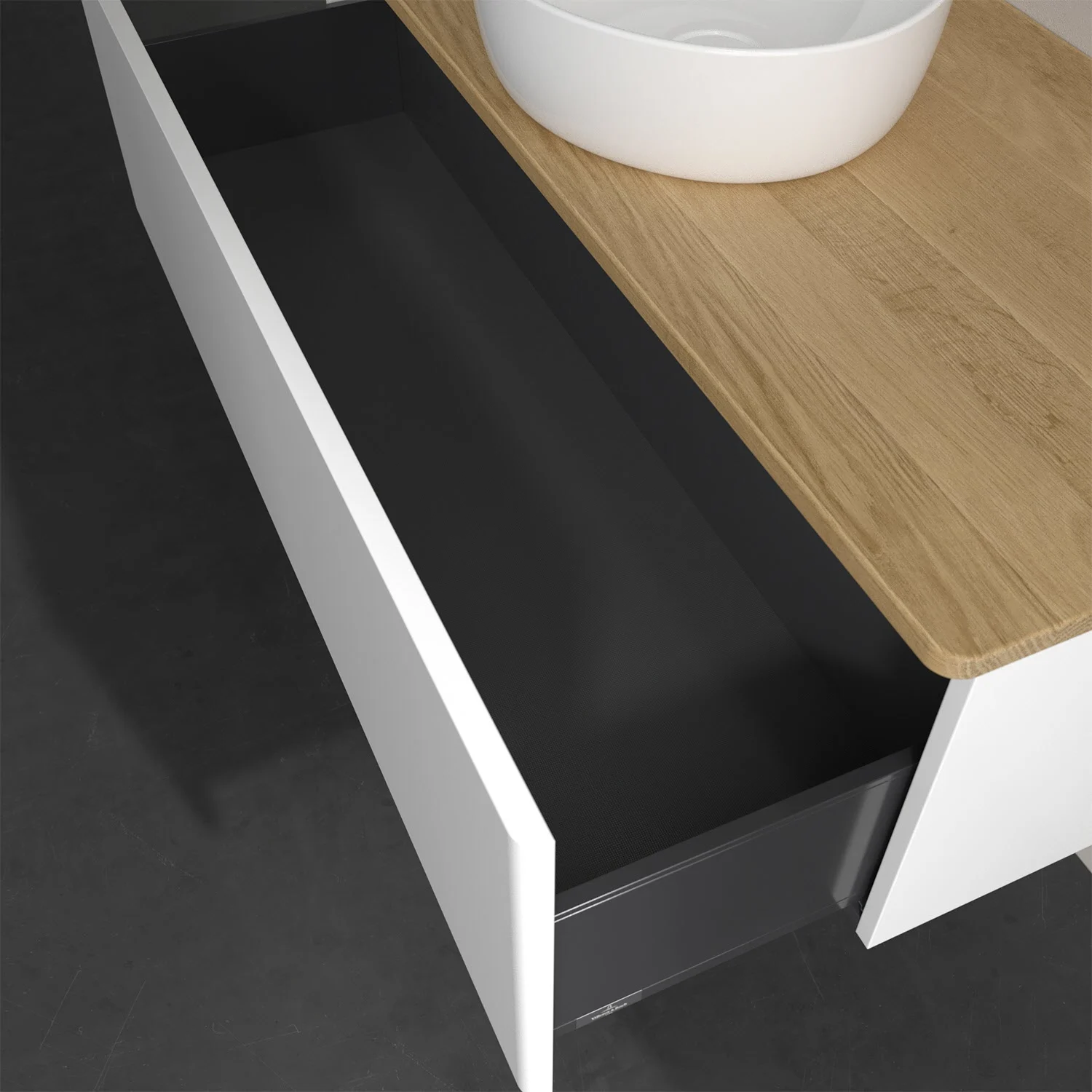 Otwarta szuflada pod umywalką z drewnianą powierzchnią, Villeroy & Boch