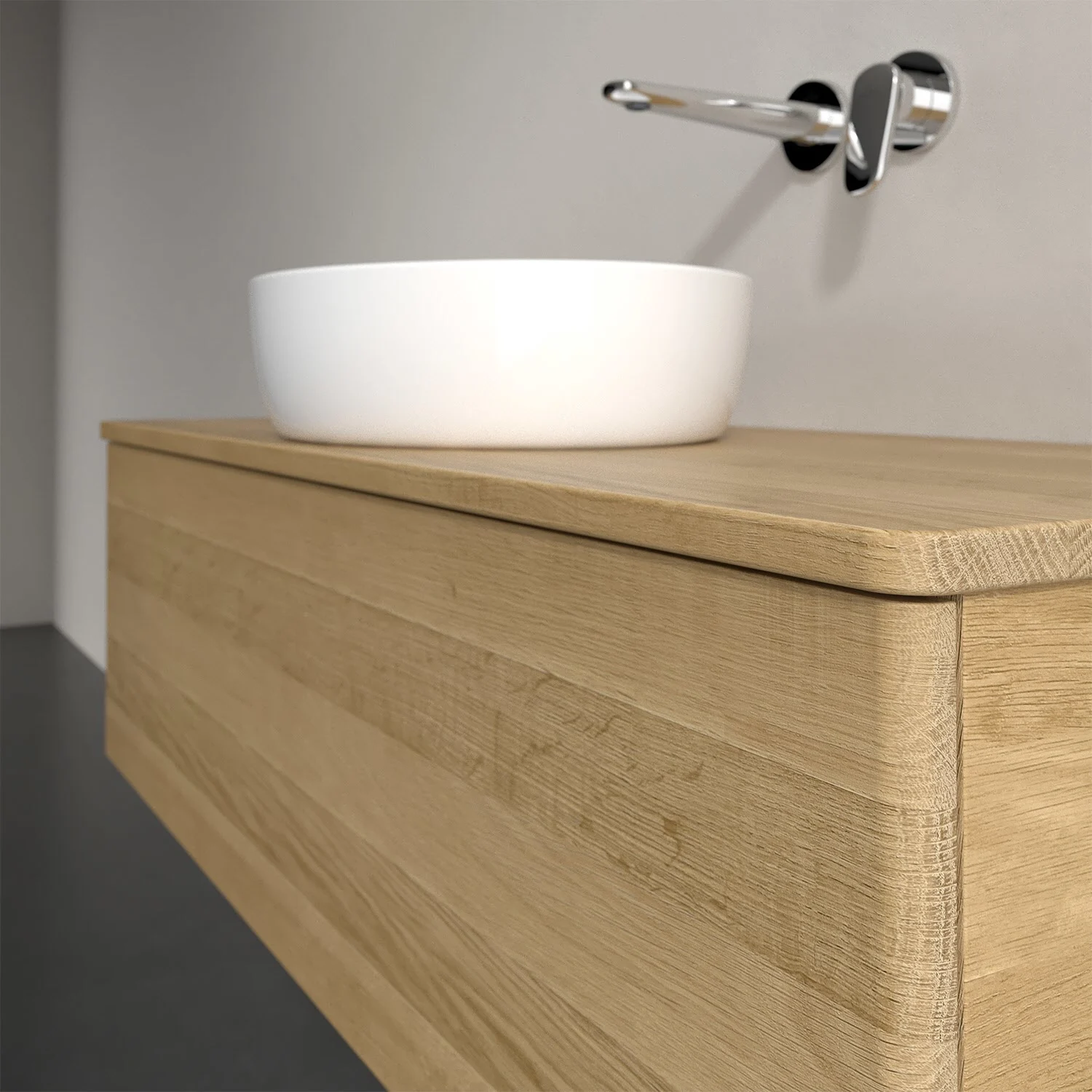 Umywalka z drewnianą powierzchnią i białą umywalką, Villeroy & Boch