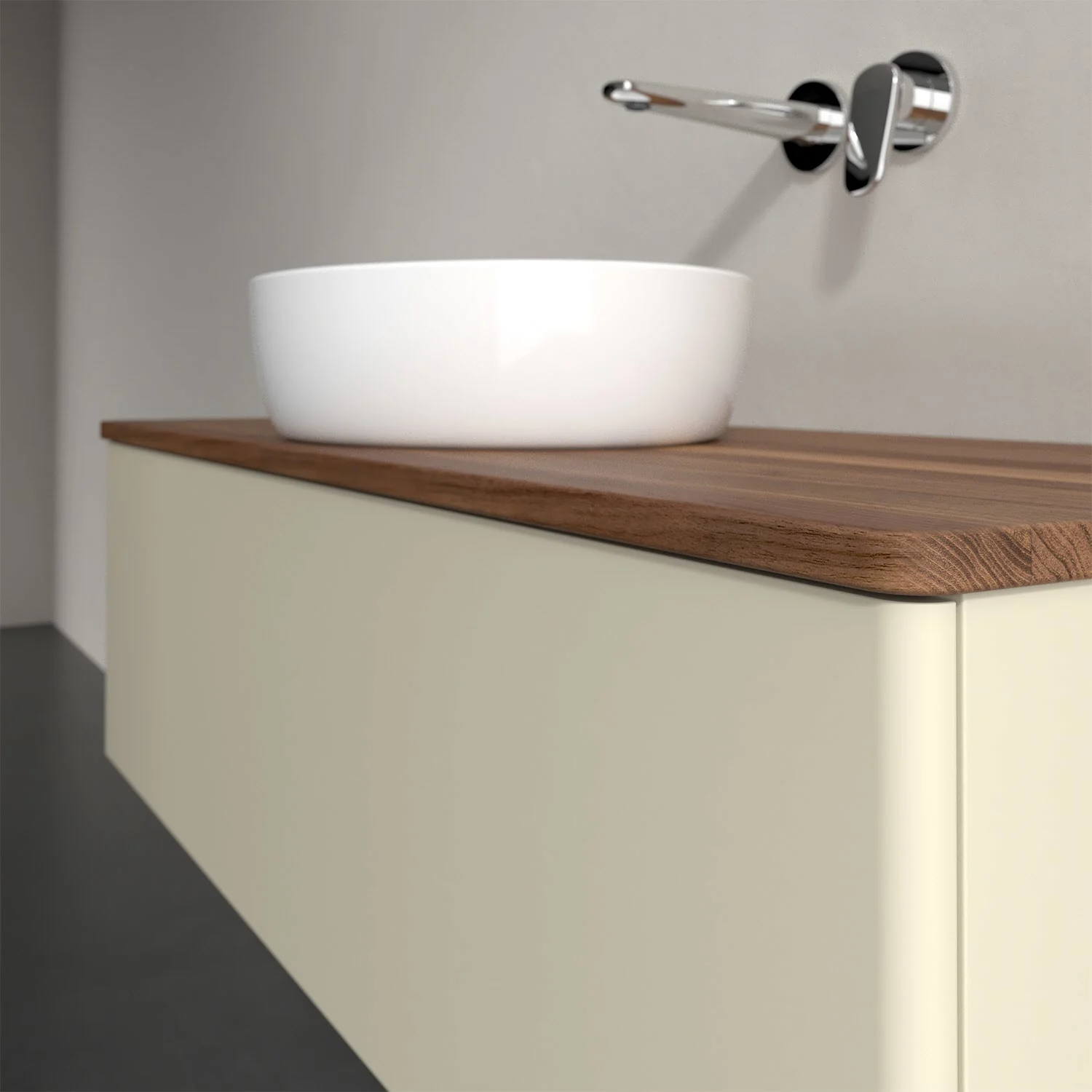 Umywalka na drewnianym blacie zbliżenie, Villeroy & Boch