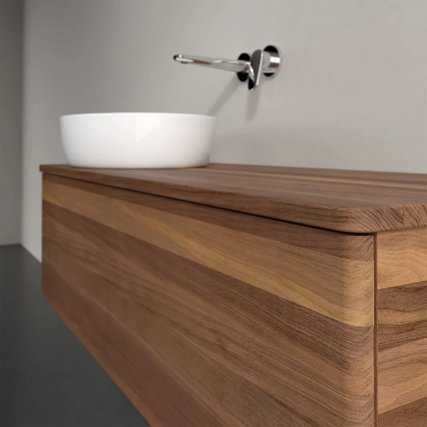 Drewniana umywalka z białą umywalką nablatową, Villeroy & Boch