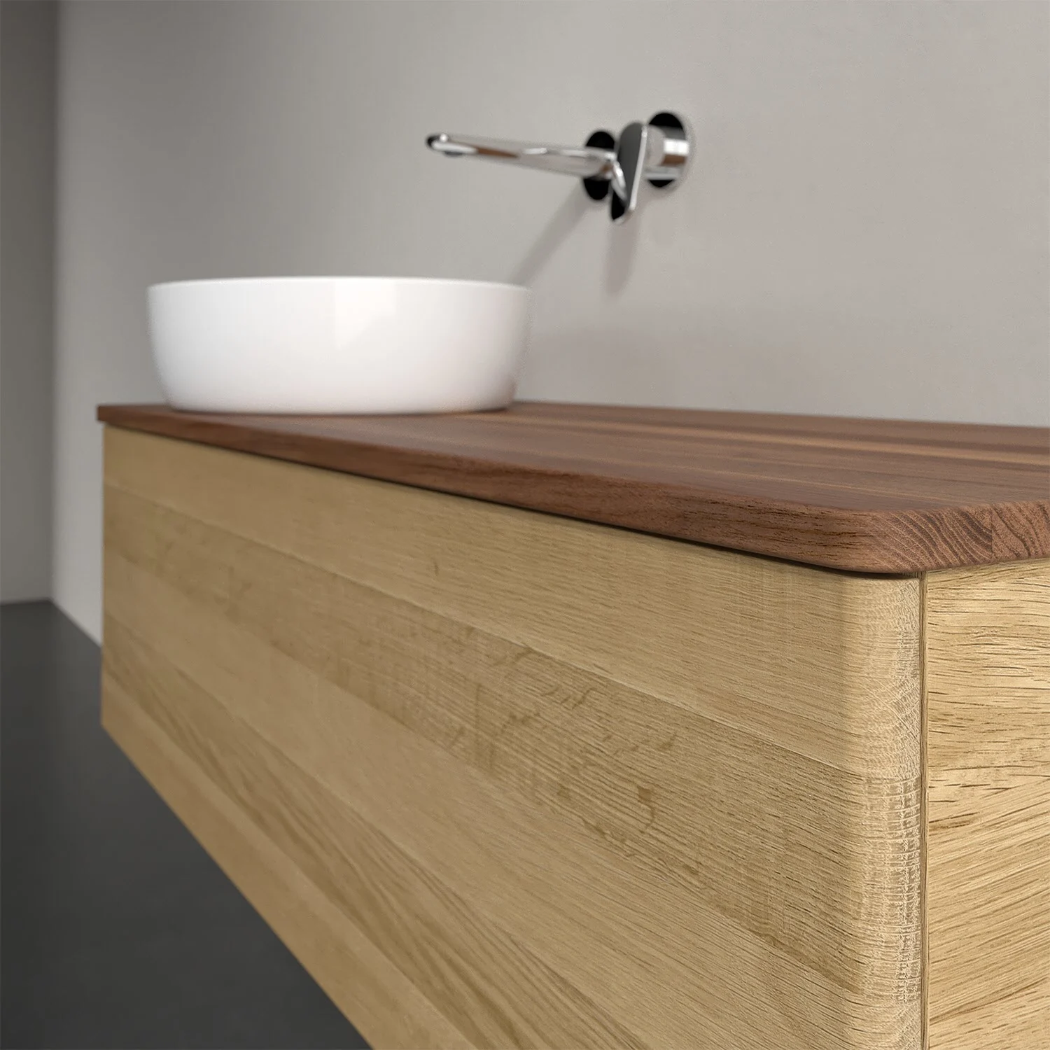 Umywalka z białą misą i drewnianą powierzchnią, Villeroy & Boch