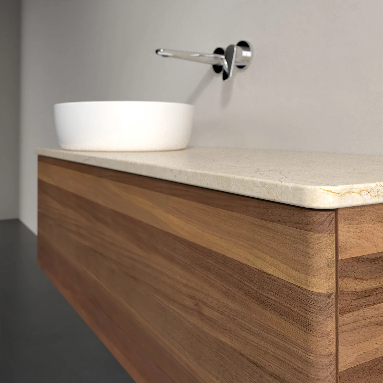 Umywalka z drewnianym wyglądem i białą umywalką, Villeroy & Boch