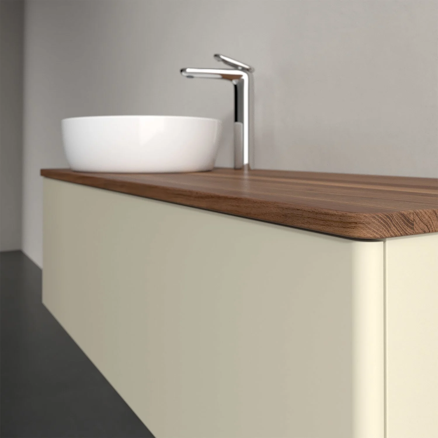 Umywalka z beżową szafką i drewnianym blatem, Villeroy & Boch
