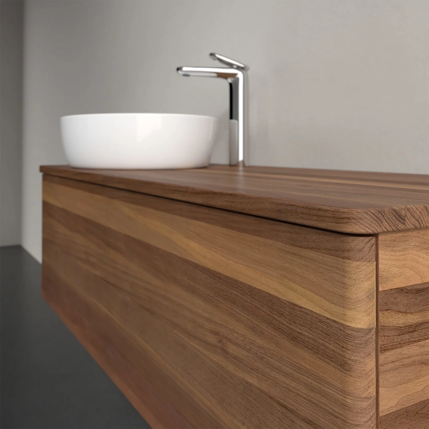 Umywalka z ciemną szafką drewnianą i drewnianym blatem, Villeroy & Boch