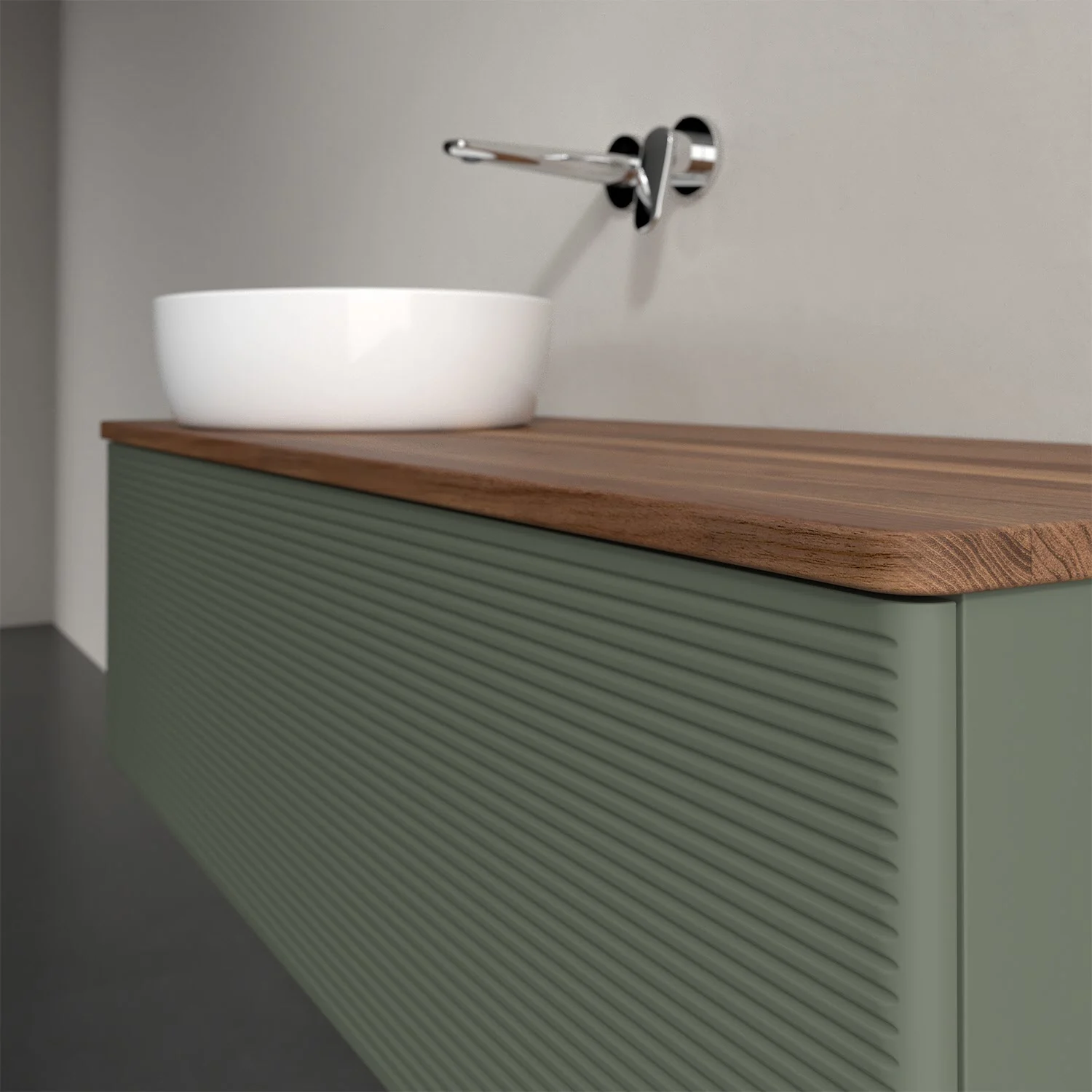 Umywalka z drewnianą powierzchnią i białą umywalką, Villeroy & Boch