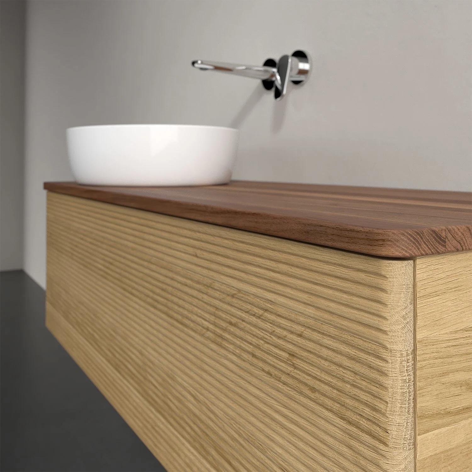 Umywalka z drewnianą powierzchnią i białą umywalką, Villeroy & Boch
