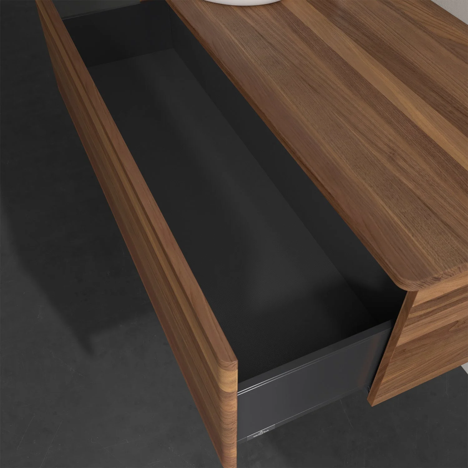 Otwarta szuflada pod drewnianym blatem w łazience, Villeroy & Boch