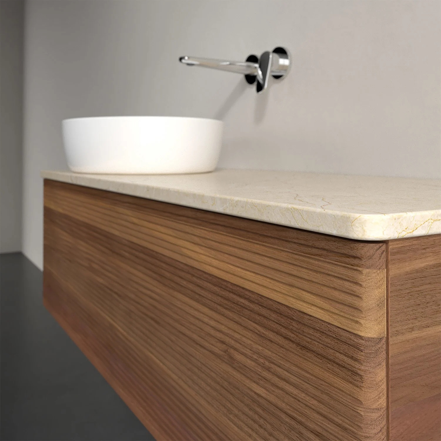 Umywalka z ciemnym drewnianym frontem i nablatową umywalką, Villeroy & Boch