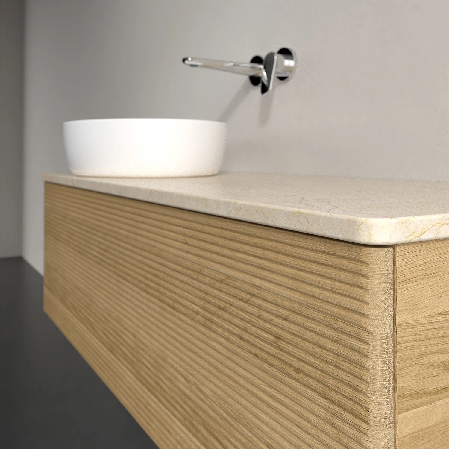 Umywalka z drewnianym frontem i nablatową umywalką, Villeroy & Boch