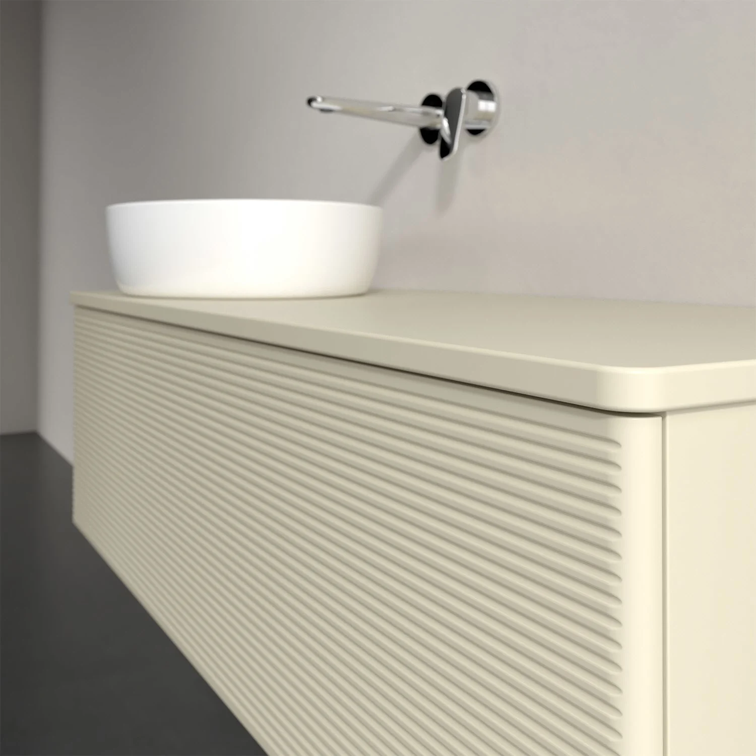 Biała umywalka na kremowej szafce w łazience, Villeroy & Boch