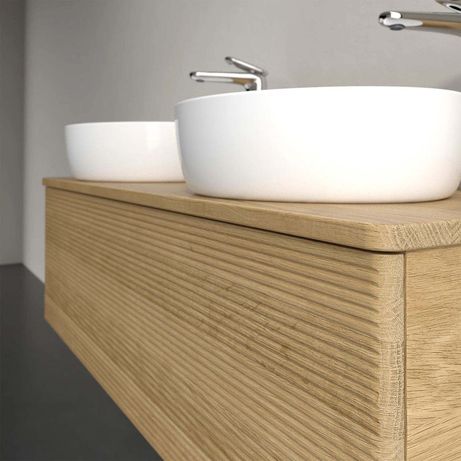 Zbliżenie drewnianej szafki łazienkowej z umywalką, Villeroy & Boch