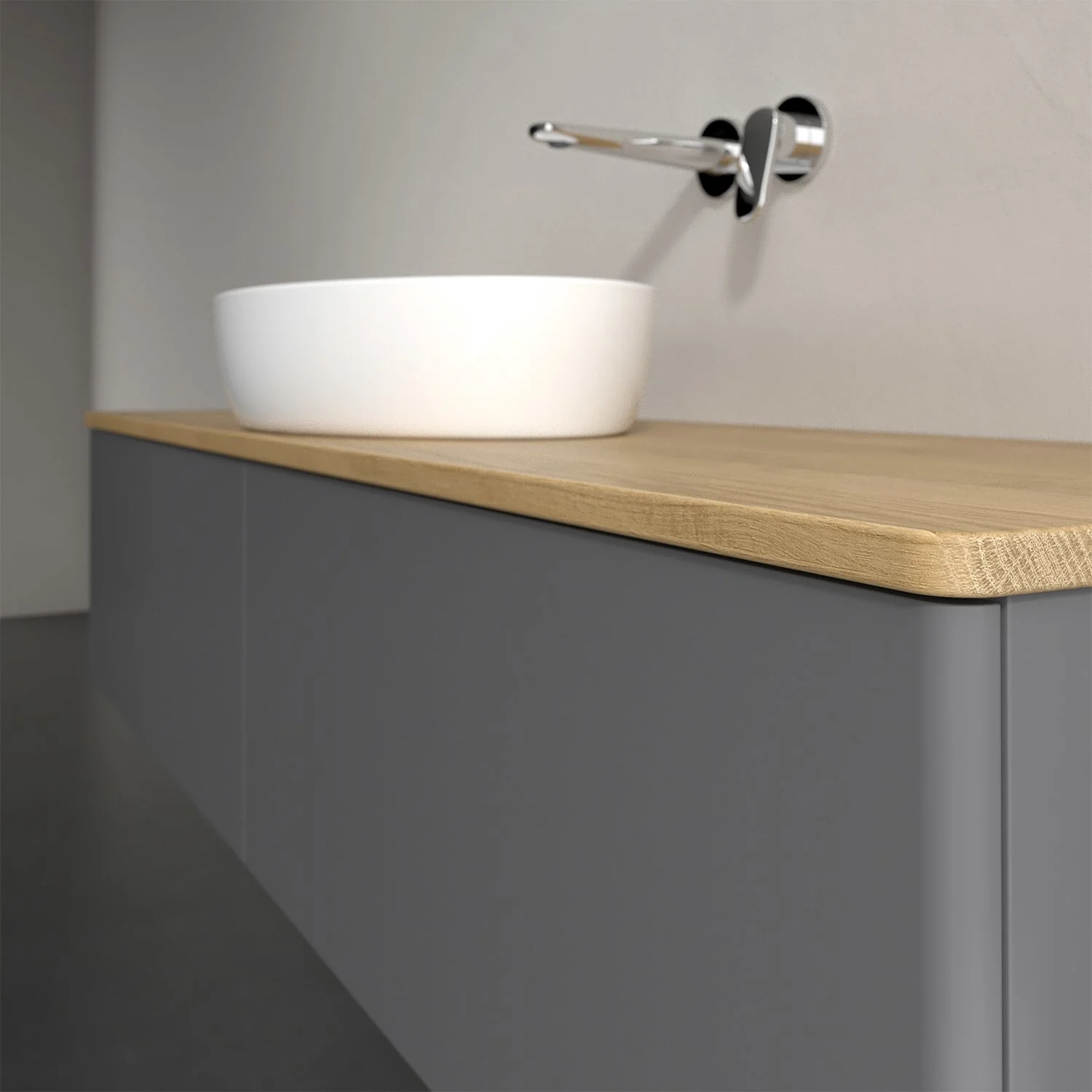 Umywalka z szarą szufladą i drewnianą powierzchnią, Villeroy & Boch