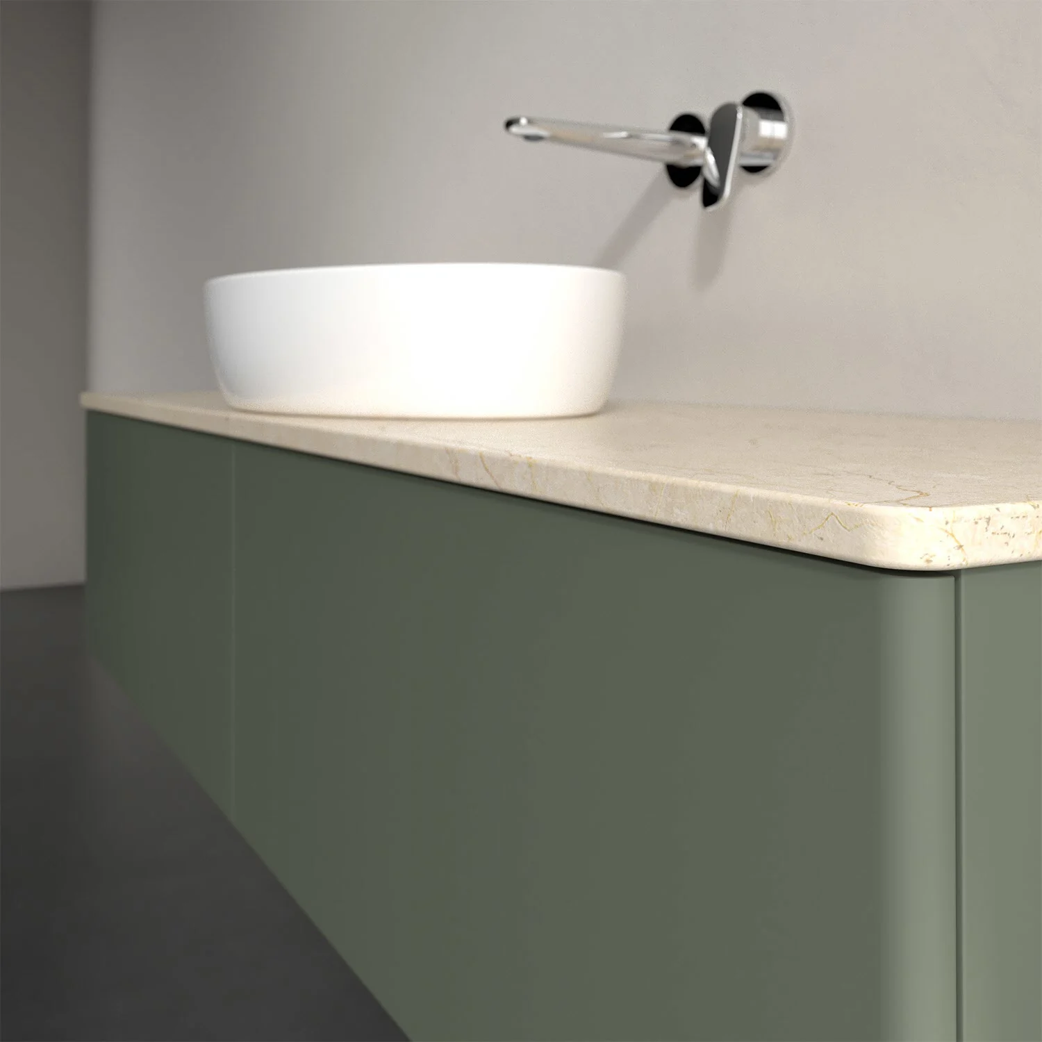 Zielone meble łazienkowe z białą umywalką nablatową, Villeroy & Boch