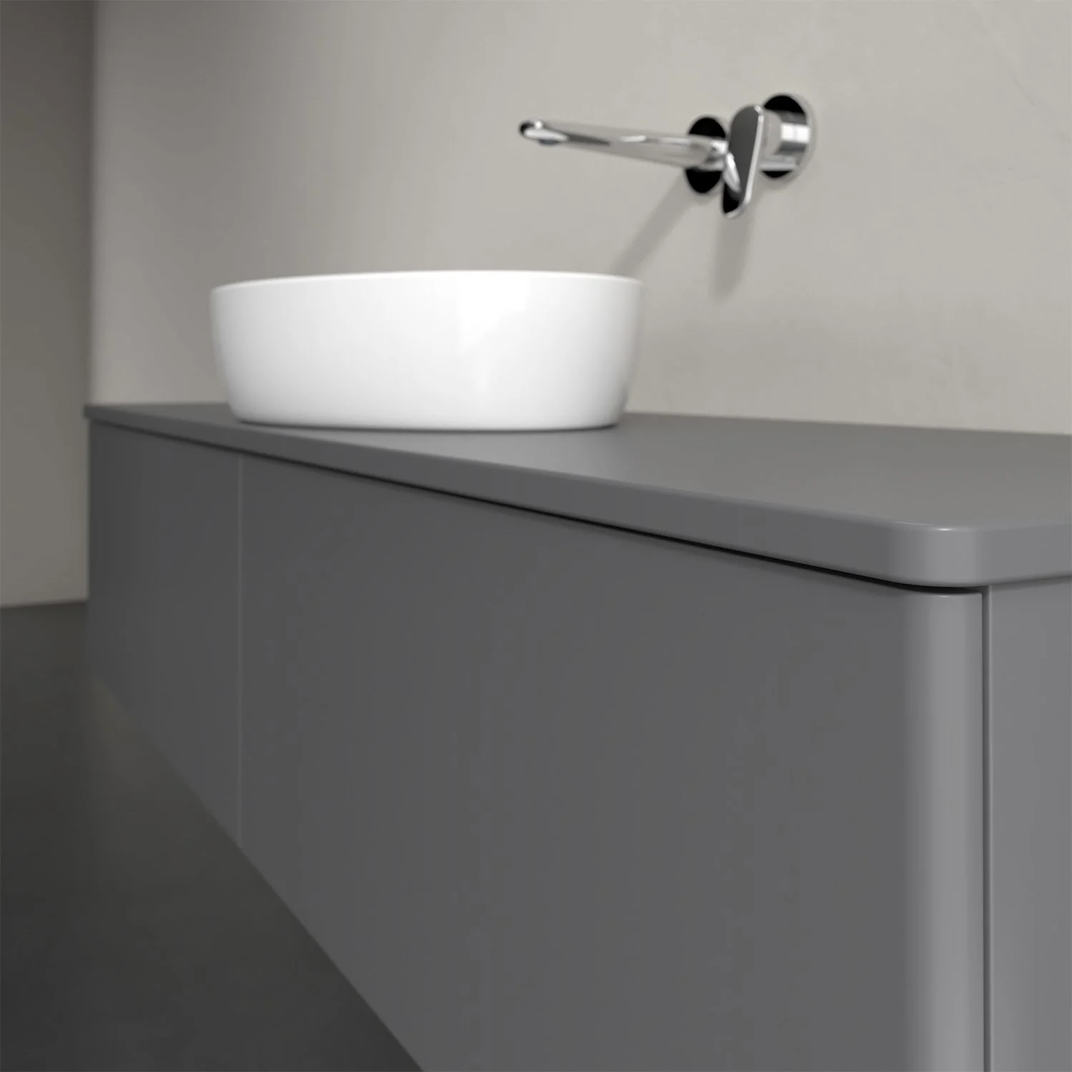 Szare meble łazienkowe z białą umywalką nablatową, Villeroy & Boch