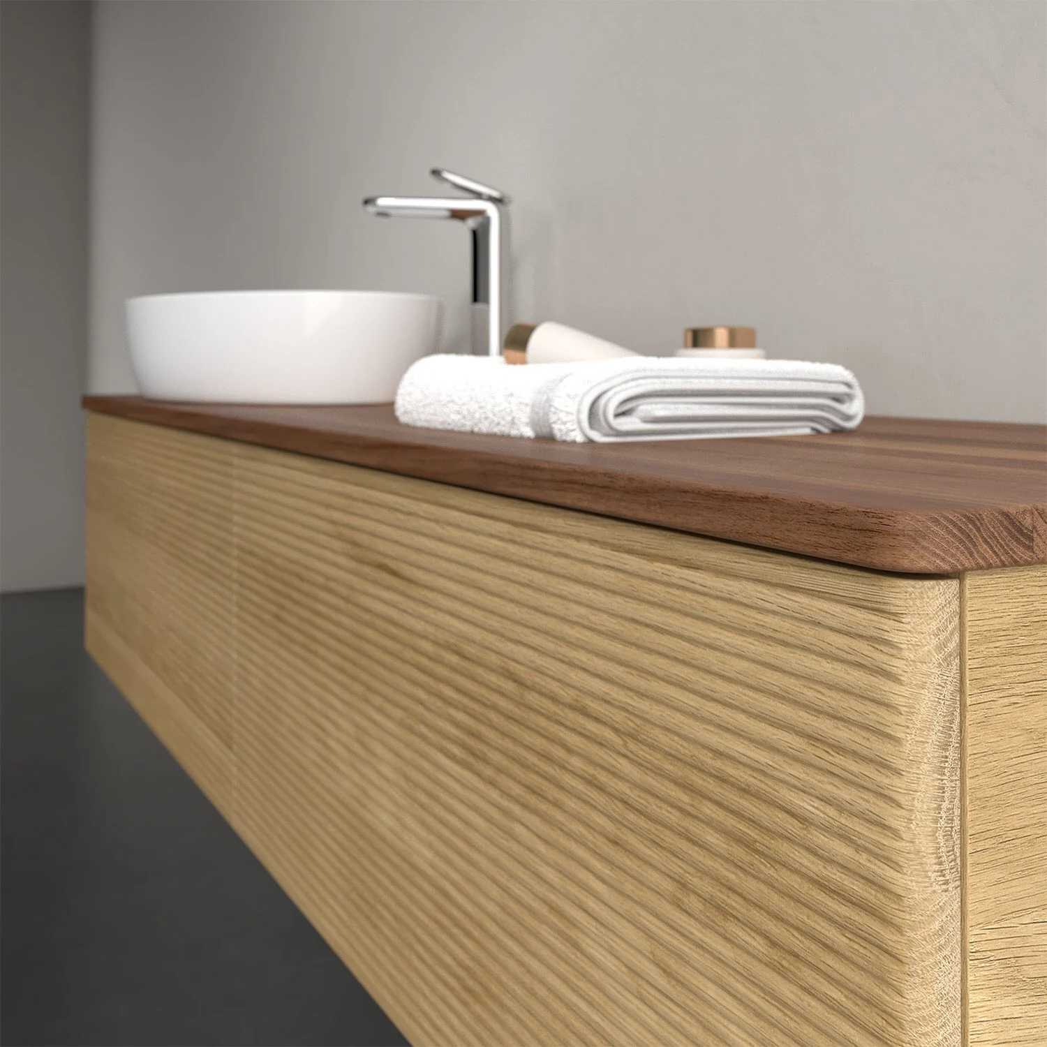 Umywalka z jasnym drewnianym frontem i jasną umywalką, Villeroy & Boch