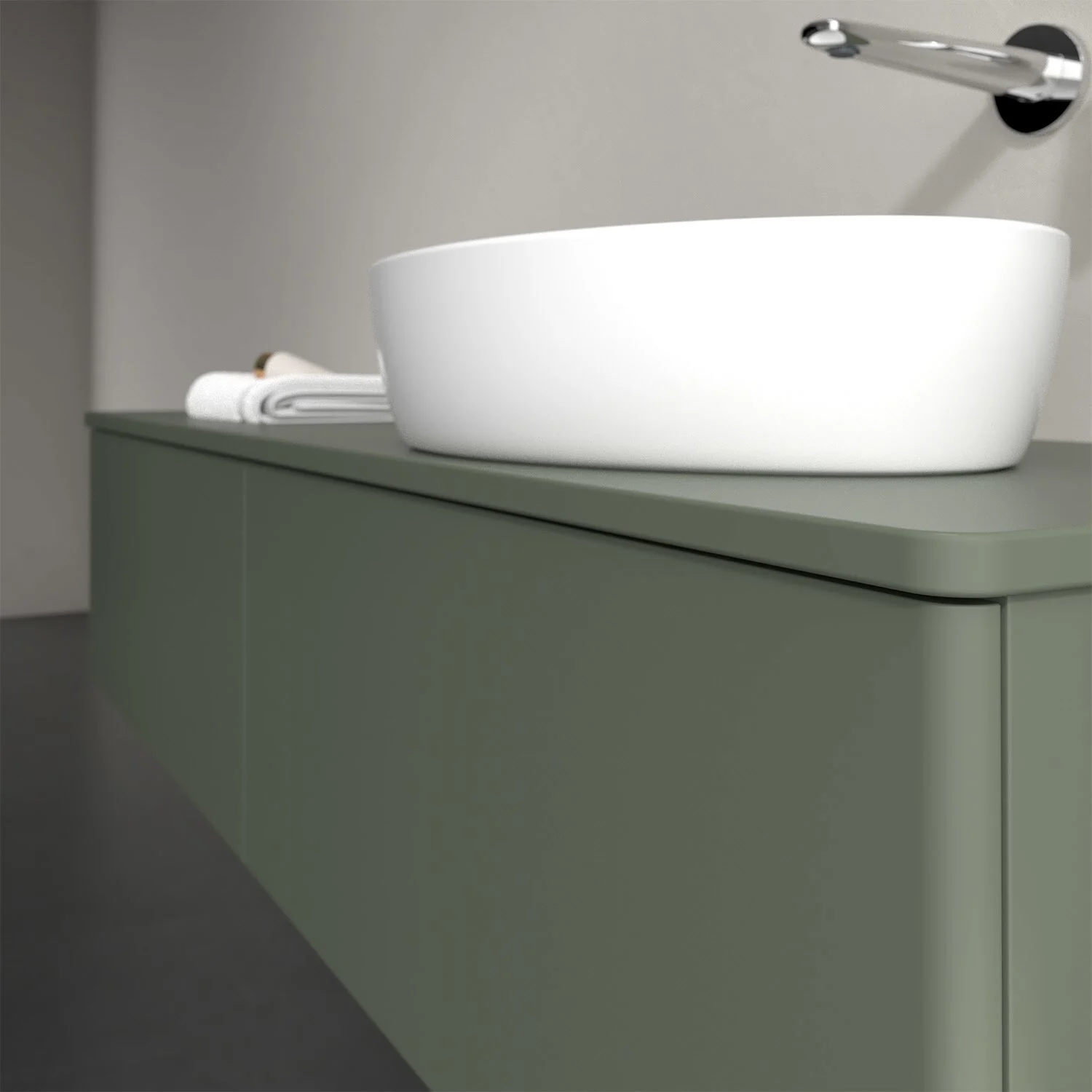 Umywalka na zielonej szafce w łazience, Villeroy & Boch