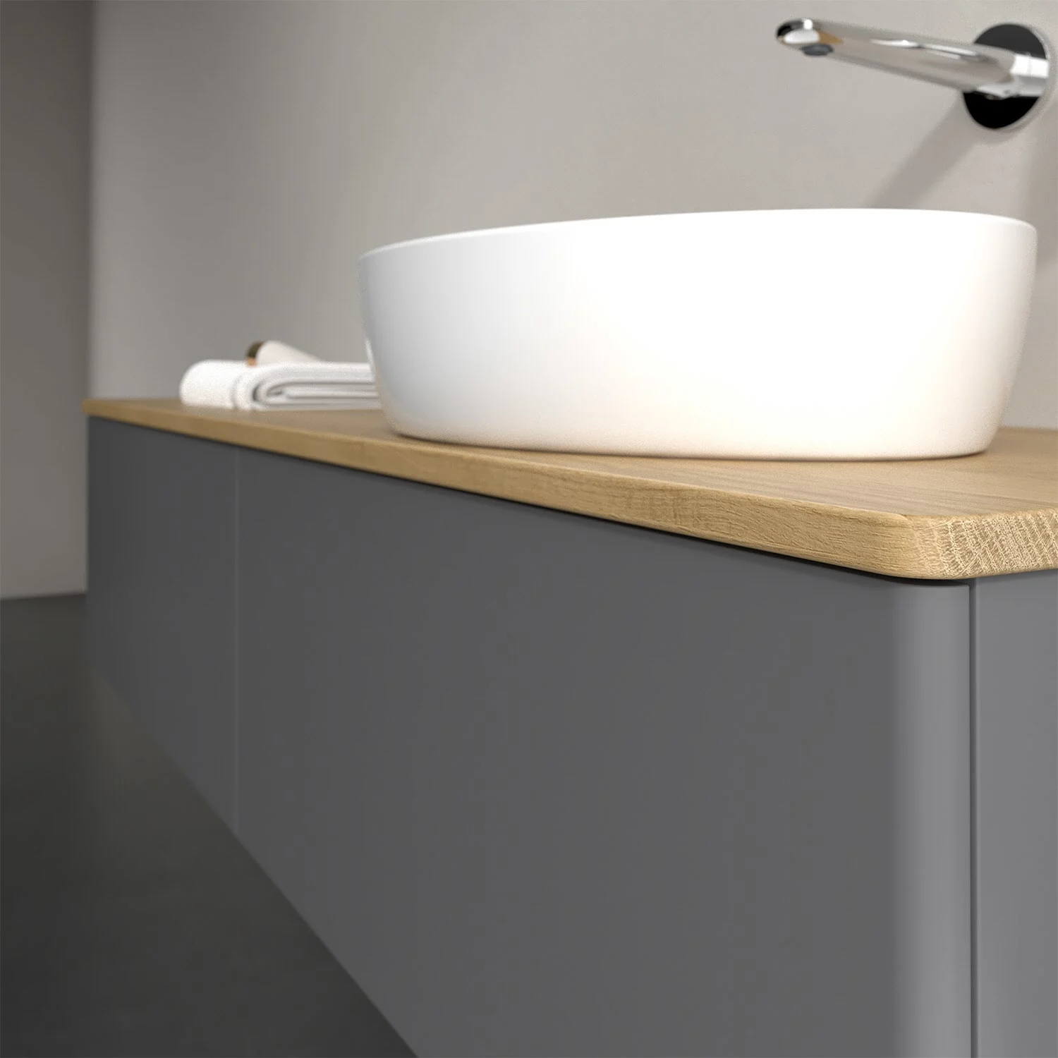 Umywalka na szarej szafce w łazience, Villeroy & Boch