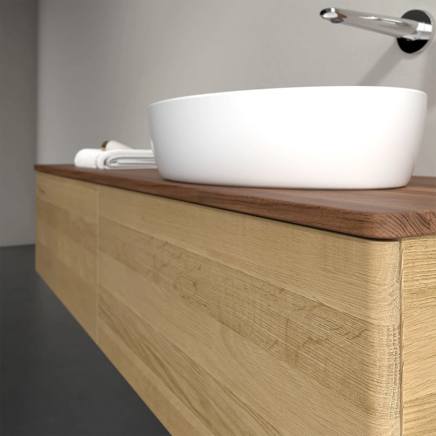 Drewniane meble łazienkowe z białą umywalką z bliska, Villeroy & Boch
