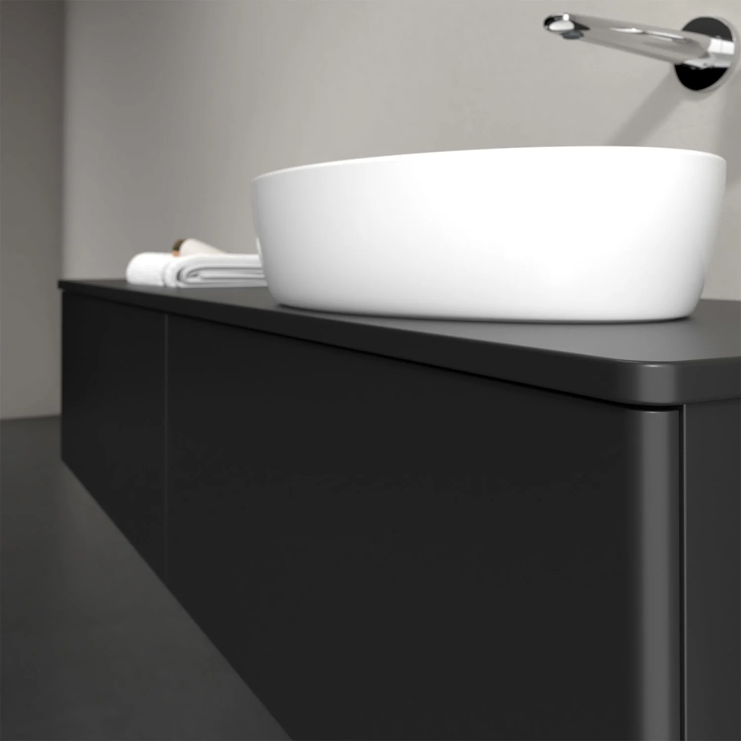 Umywalka na czarnej szafce w łazience, Villeroy & Boch