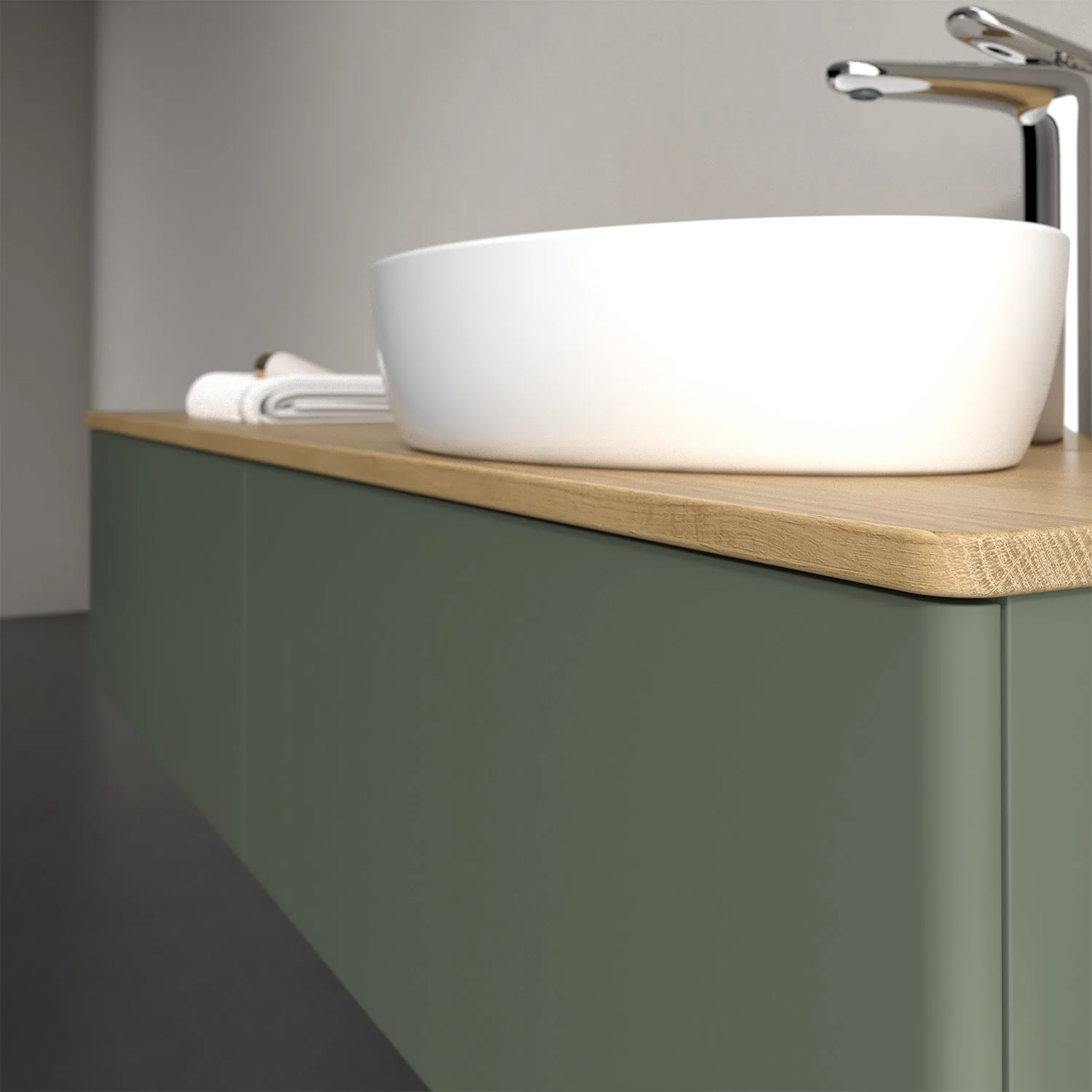 Umywalka na zielonej szafce w łazience, Villeroy & Boch
