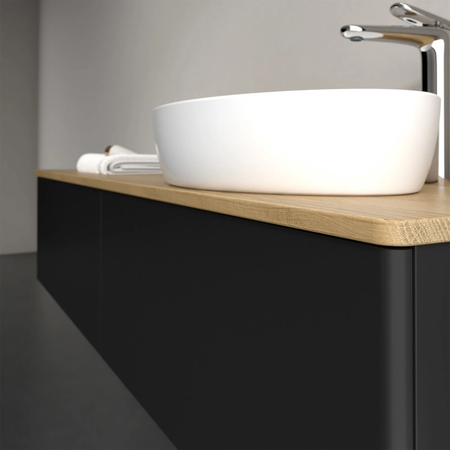 Umywalka na drewnianym blacie w łazience, Villeroy & Boch