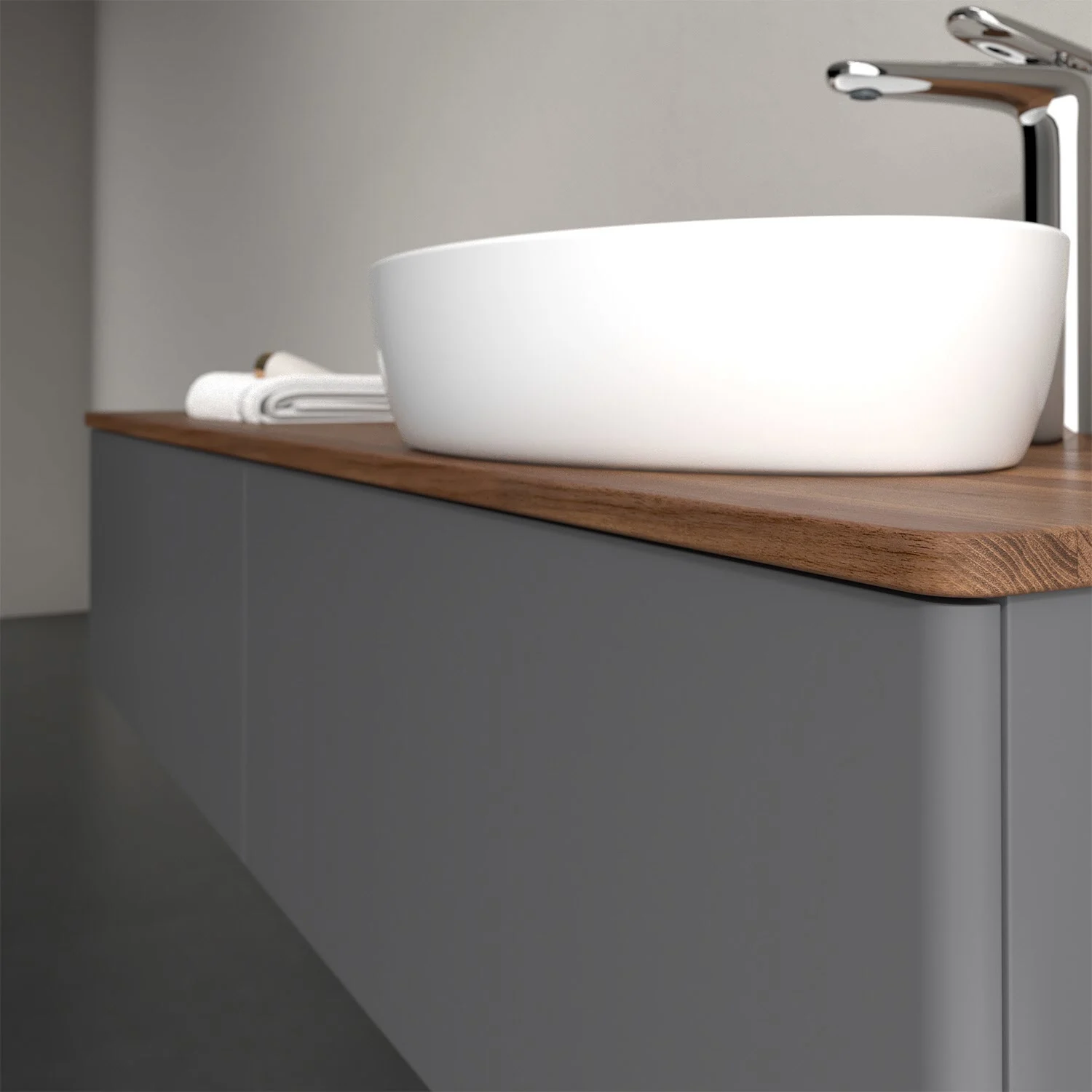 Umywalka na drewnianym blacie w łazience, Villeroy & Boch
