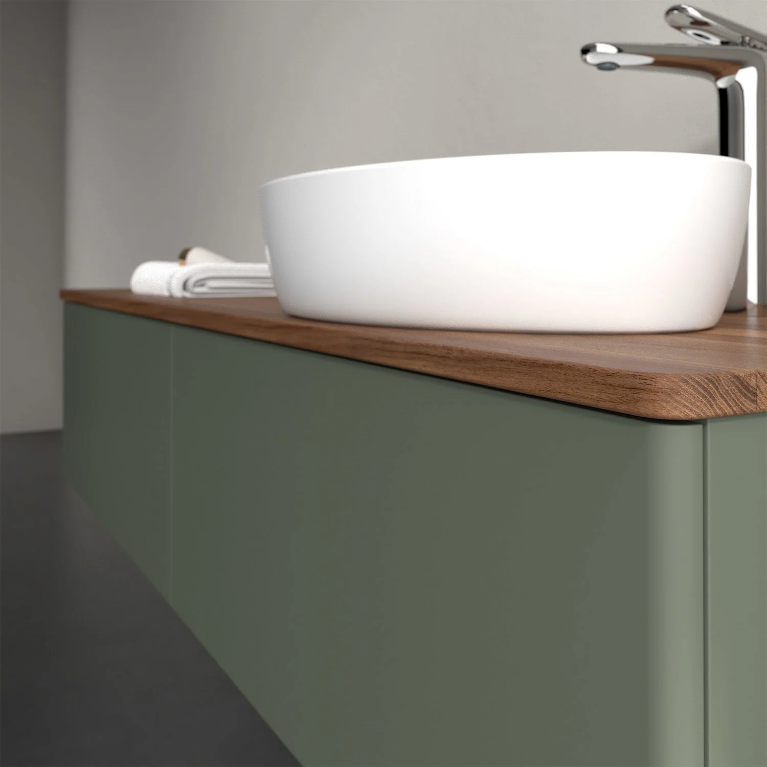 Umywalka na zielonej szafce w łazience, Villeroy & Boch