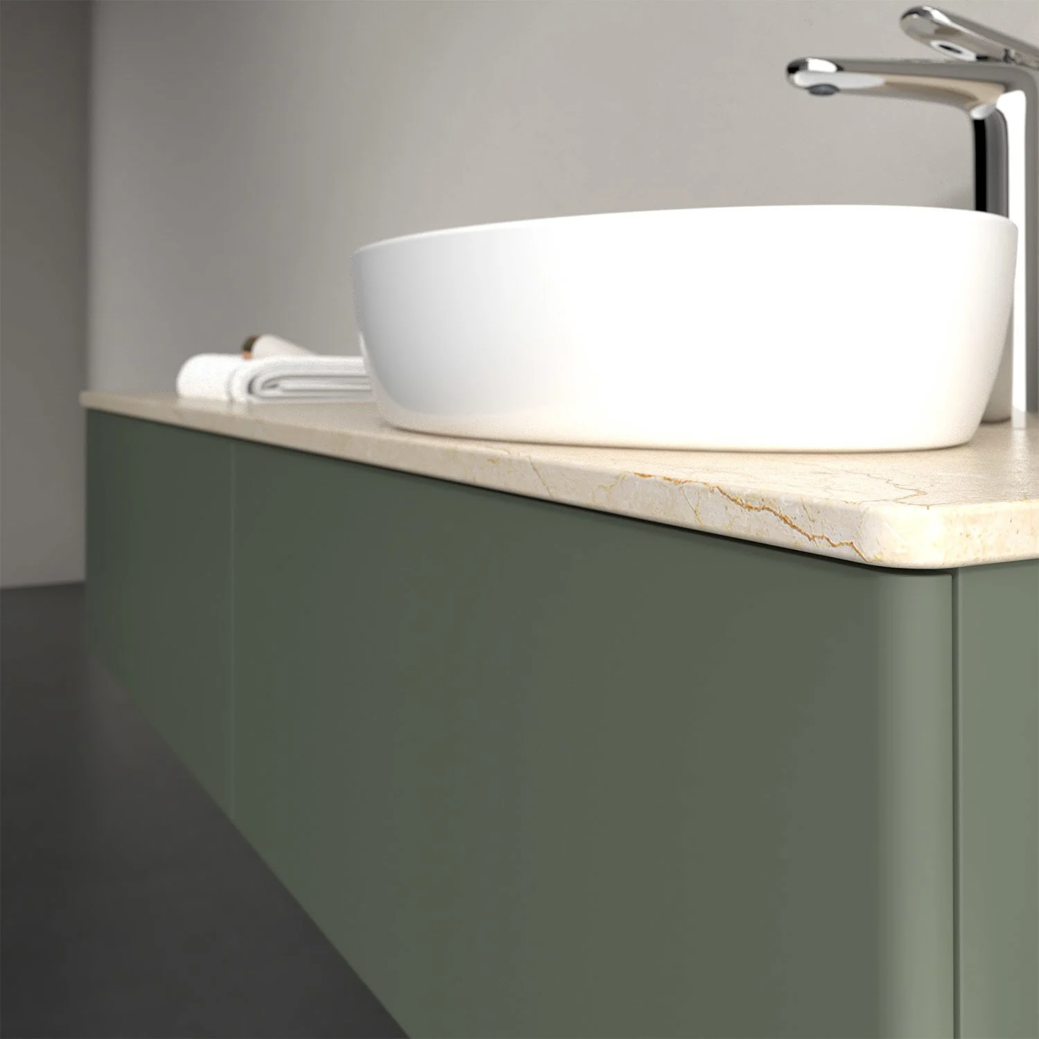 Zbliżenie na zieloną toaletkę z białą umywalką, Villeroy & Boch