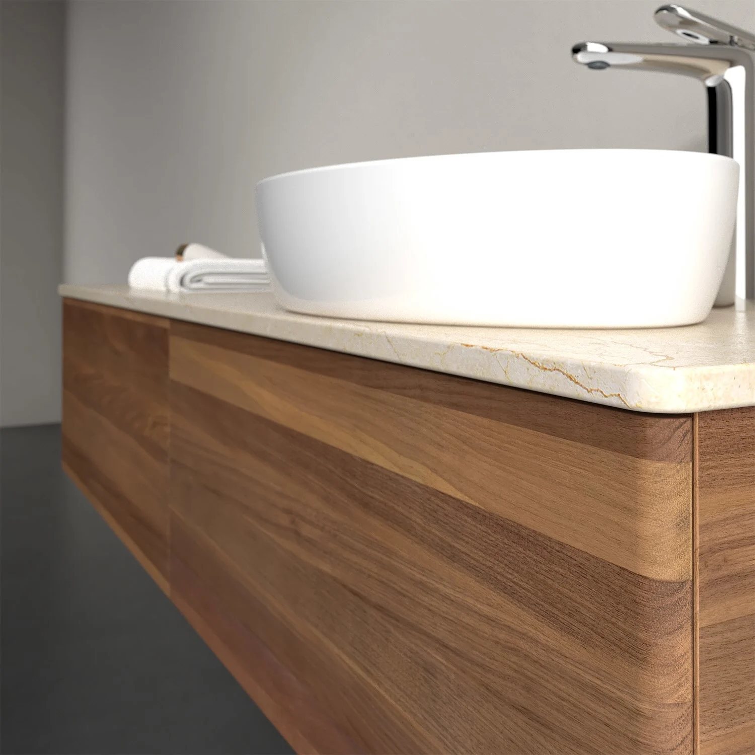 Zbliżenie na ciemną drewnianą toaletkę z białą umywalką, Villeroy & Boch
