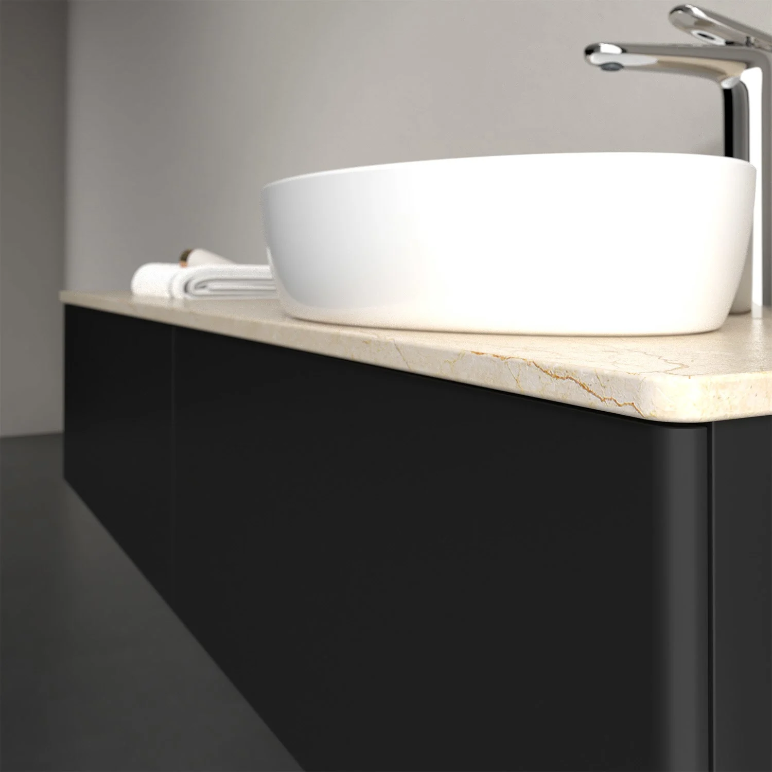 Zbliżenie na czarną toaletkę z białą umywalką, Villeroy & Boch