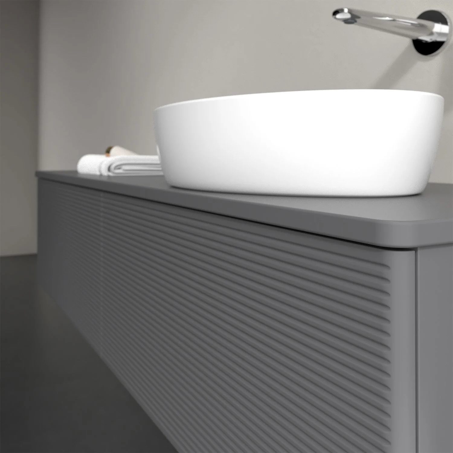 Zbliżenie na szarą toaletkę z białą umywalką, Villeroy & Boch