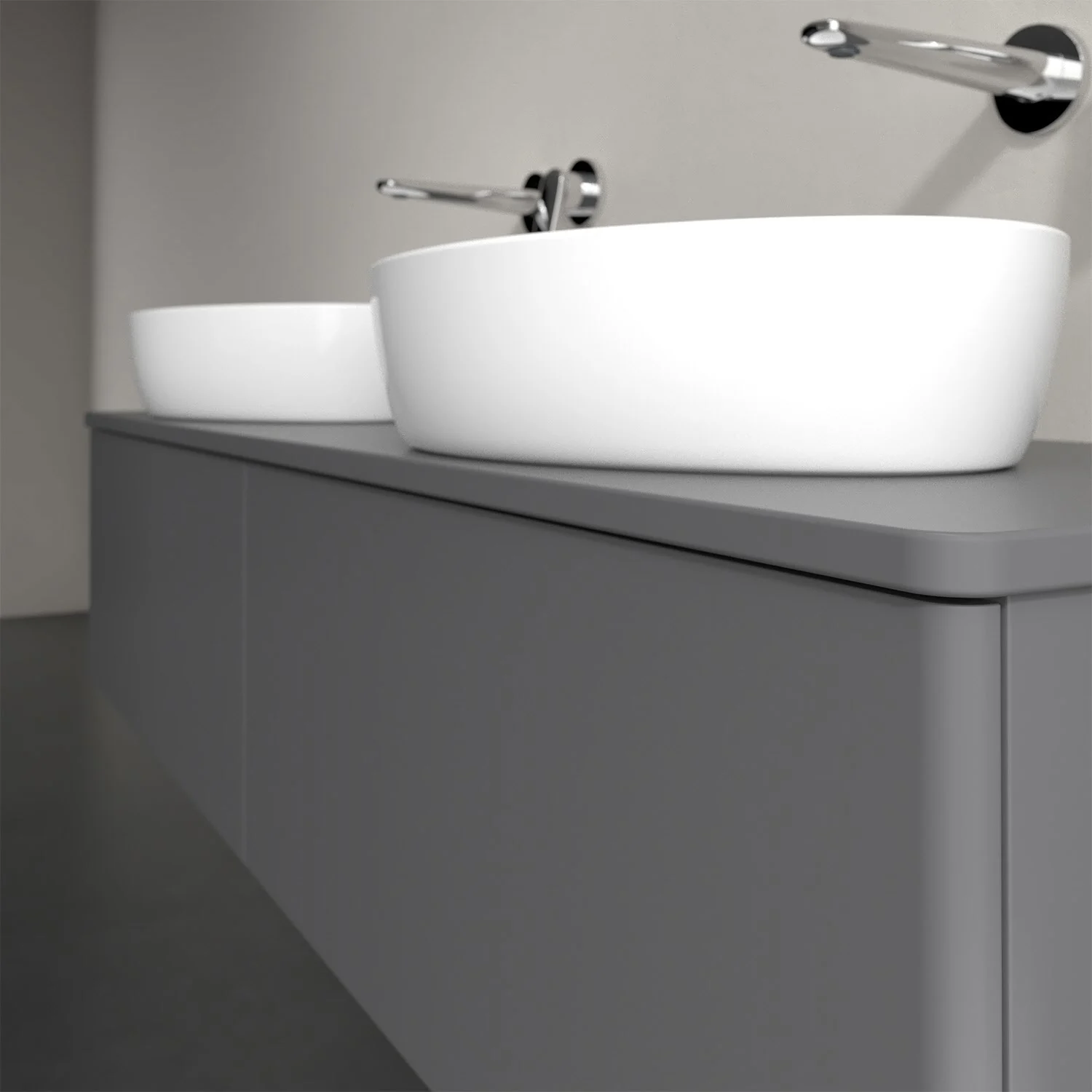 Zbliżenie szarej toaletki z białą umywalką, Villeroy & Boch