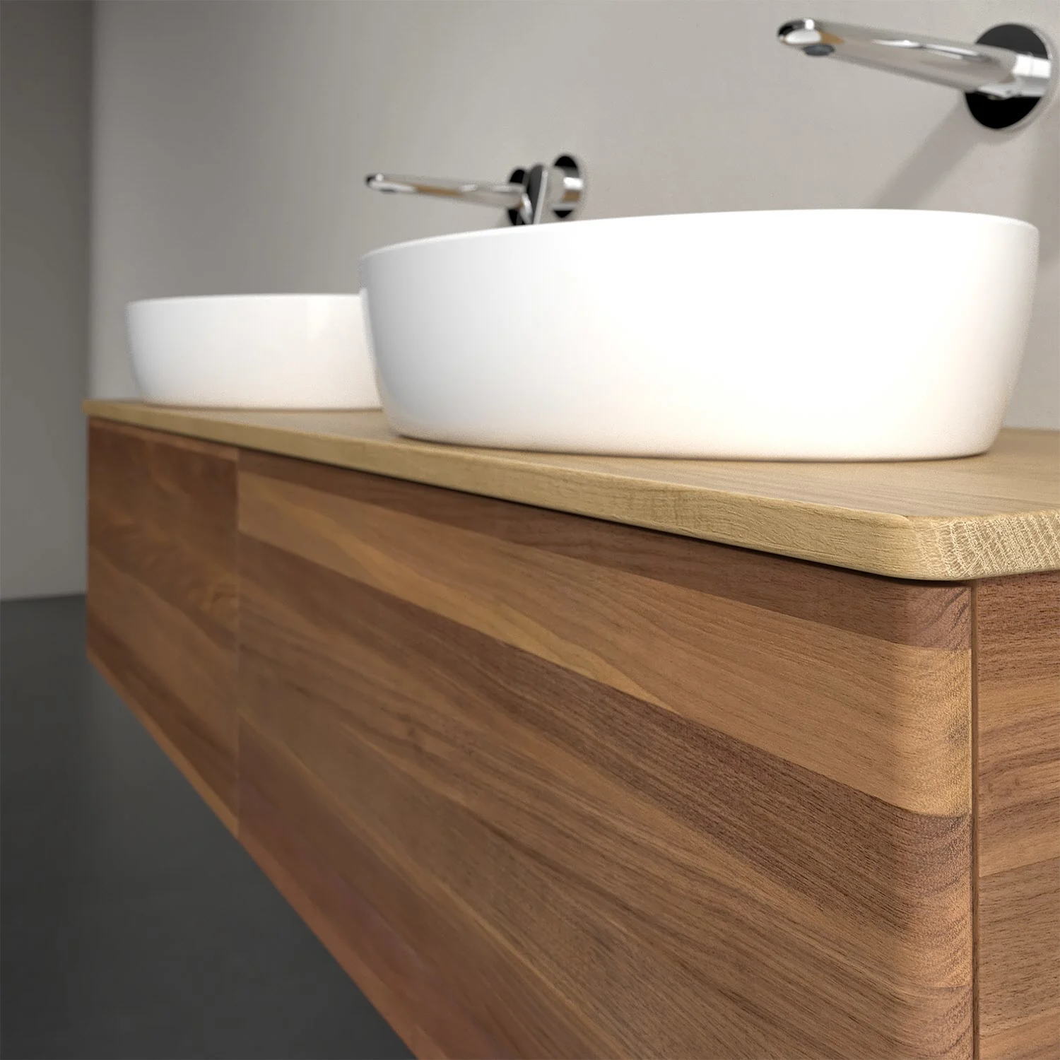 Umywalka z ciemną drewnianą szafką i drewnianym blatem, Villeroy & Boch