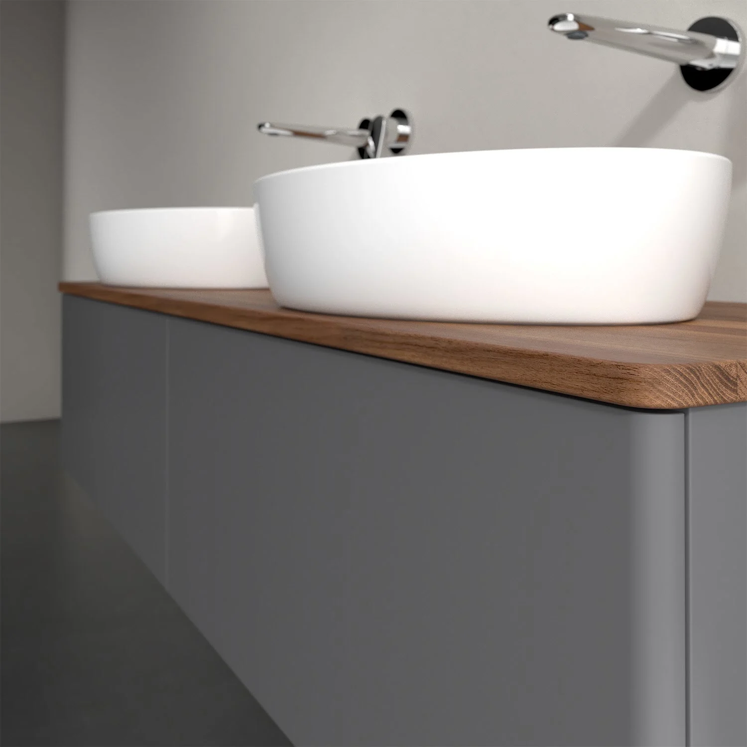 Umywalka z szarą szafką i drewnianym blatem, Villeroy & Boch