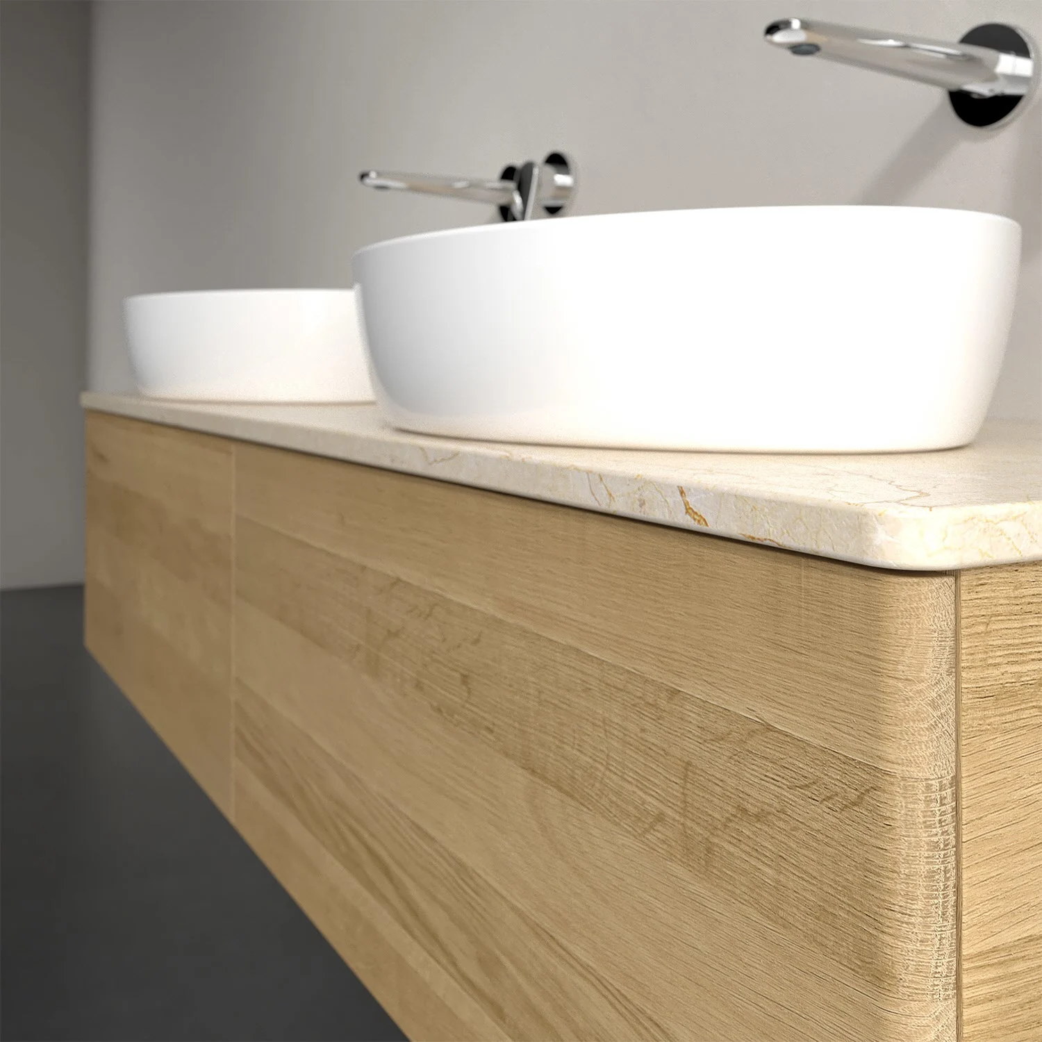 Umywalka z drewnianym frontem zbliżenie, Villeroy & Boch