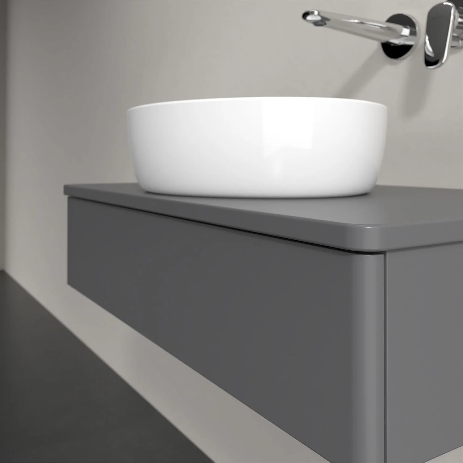 Szara umywalka z baterią ścienną w łazience, Villeroy & Boch