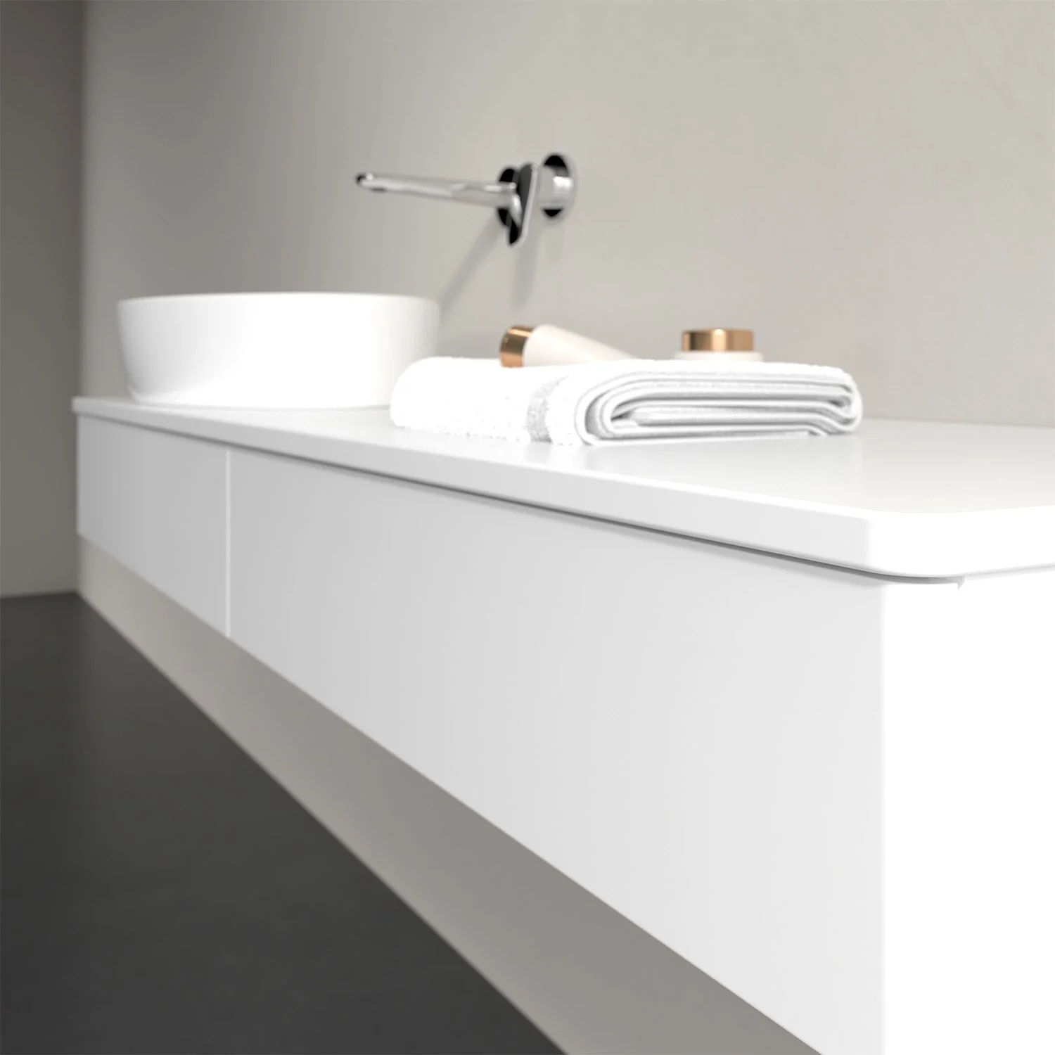 Białe meble łazienkowe z umywalką i ręcznikami, Villeroy & Boch