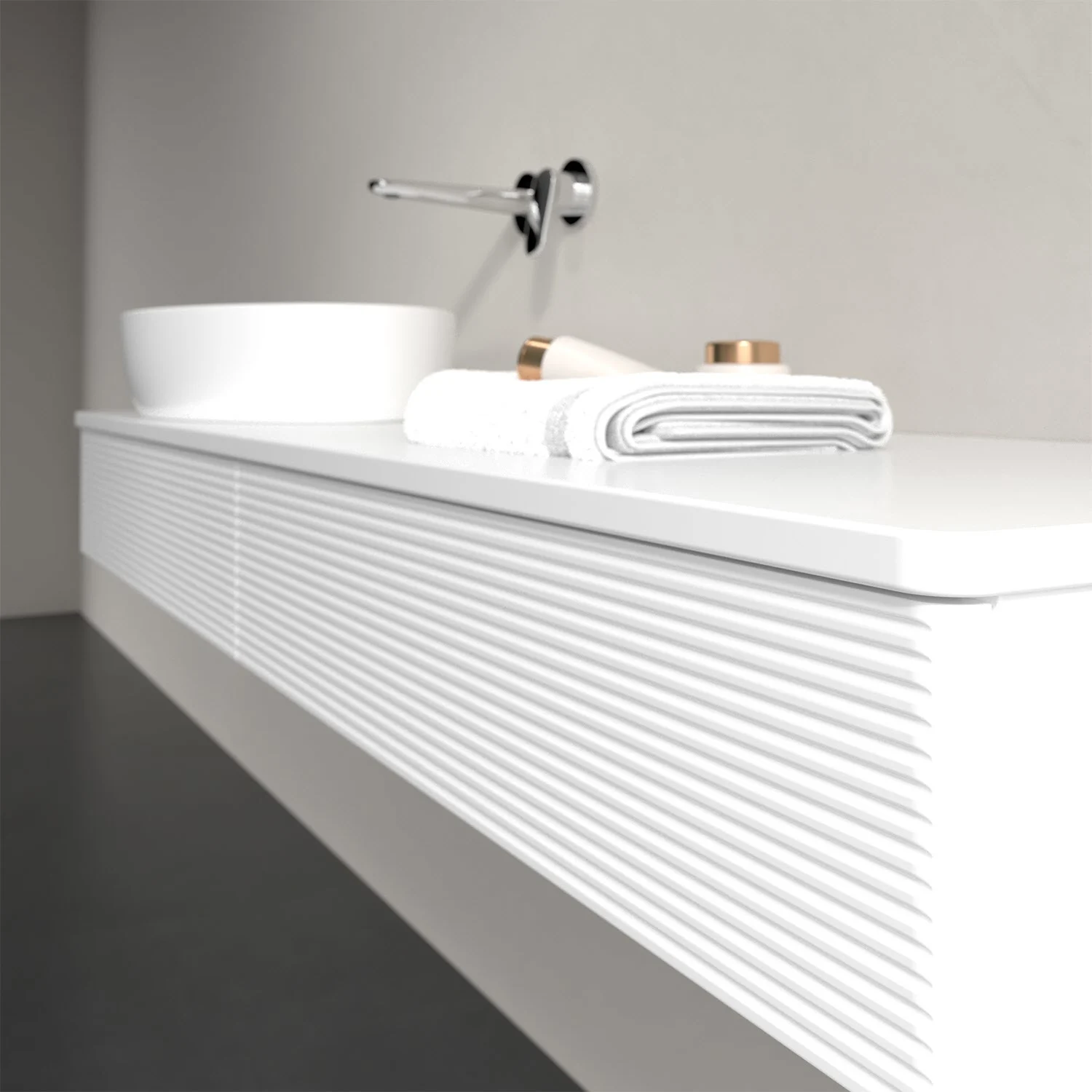 Białe meble łazienkowe z umywalką z bliska, Villeroy & Boch