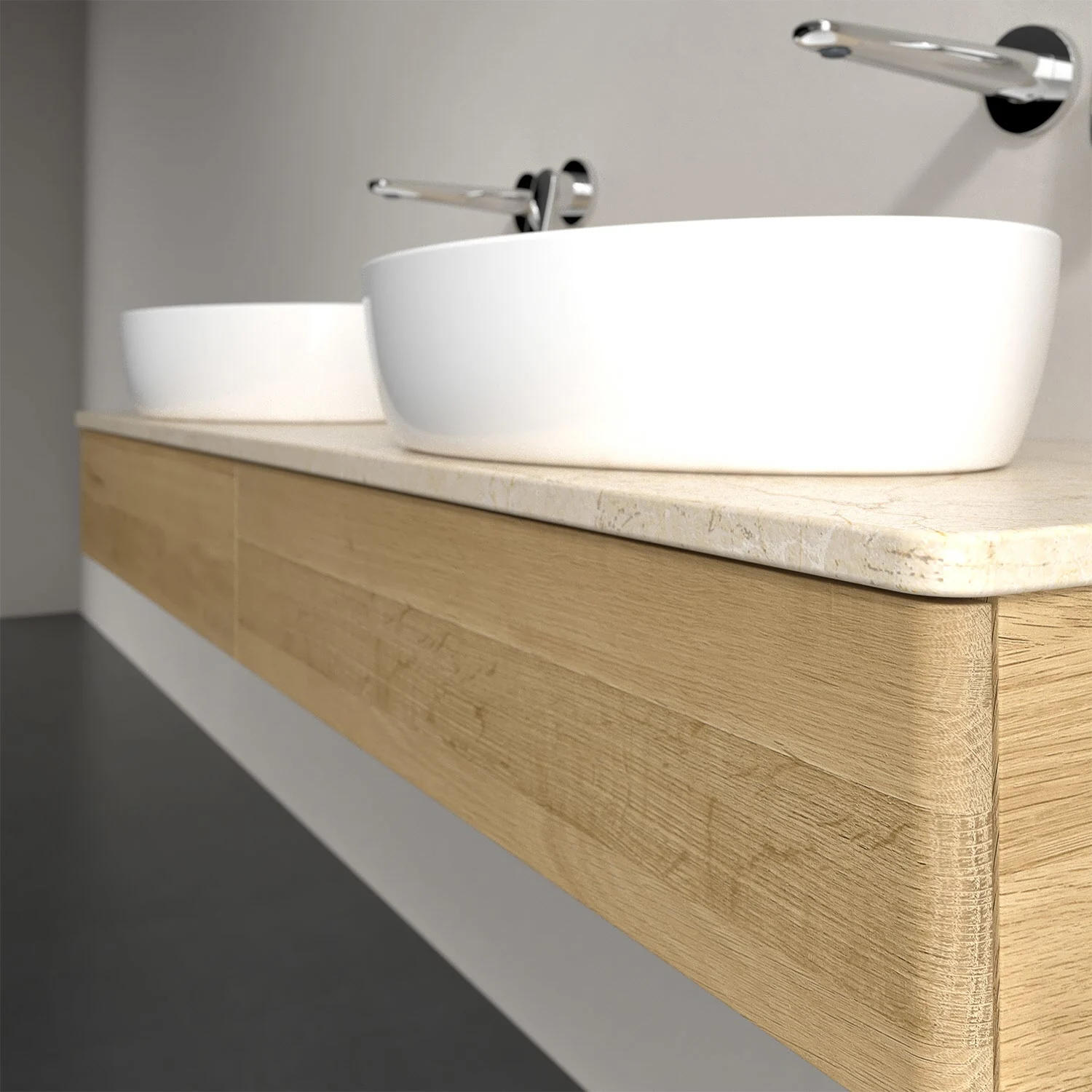 Zbliżenie umywalki z drewnianą powierzchnią, Villeroy & Boch