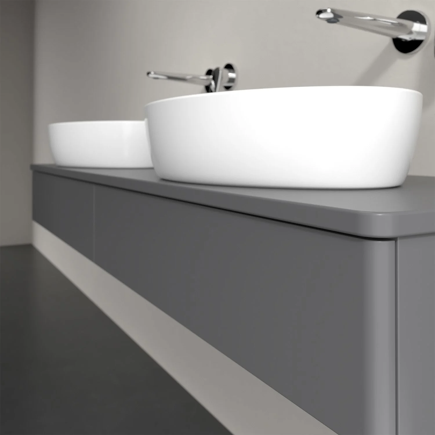 Szare meble łazienkowe z dwoma białymi umywalkami, Villeroy & Boch