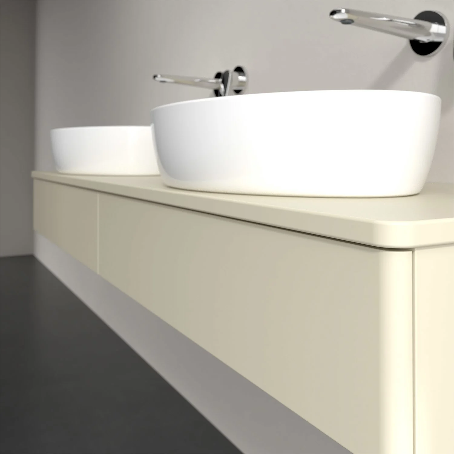 Kremowe meble łazienkowe z dwoma białymi umywalkami, Villeroy & Boch