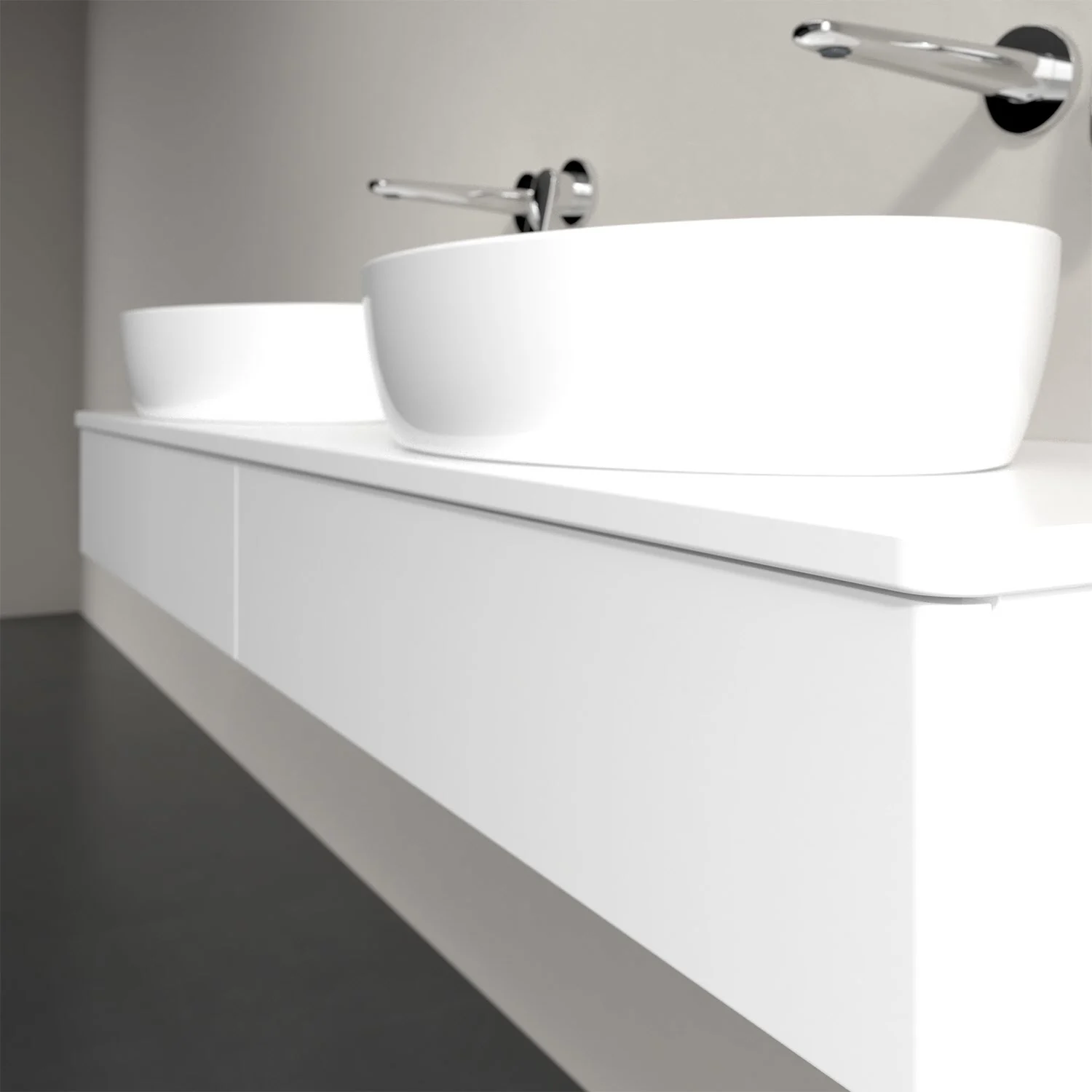 Umywalka na białej szafce w łazience, Villeroy & Boch