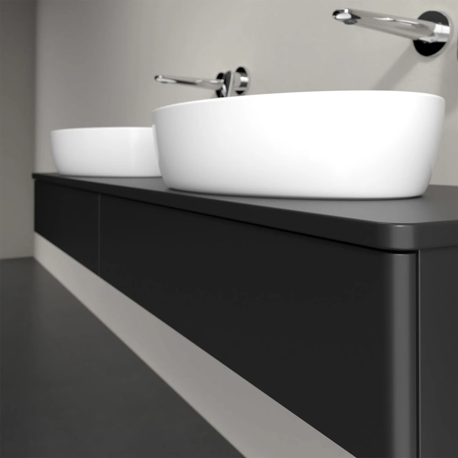 Umywalka na czarnej szafce w łazience, Villeroy & Boch