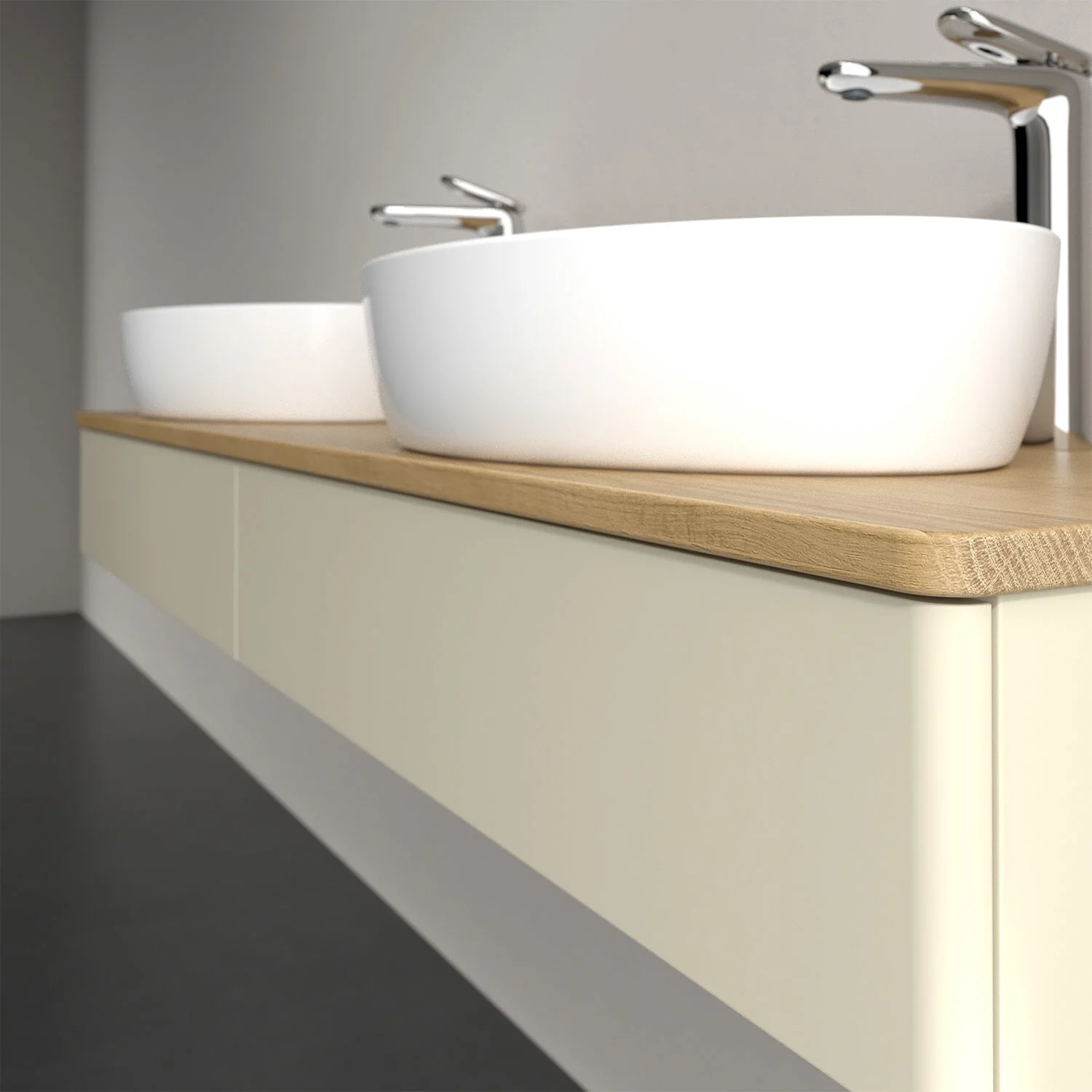 Umywalka na kremowej szafce w łazience, Villeroy & Boch