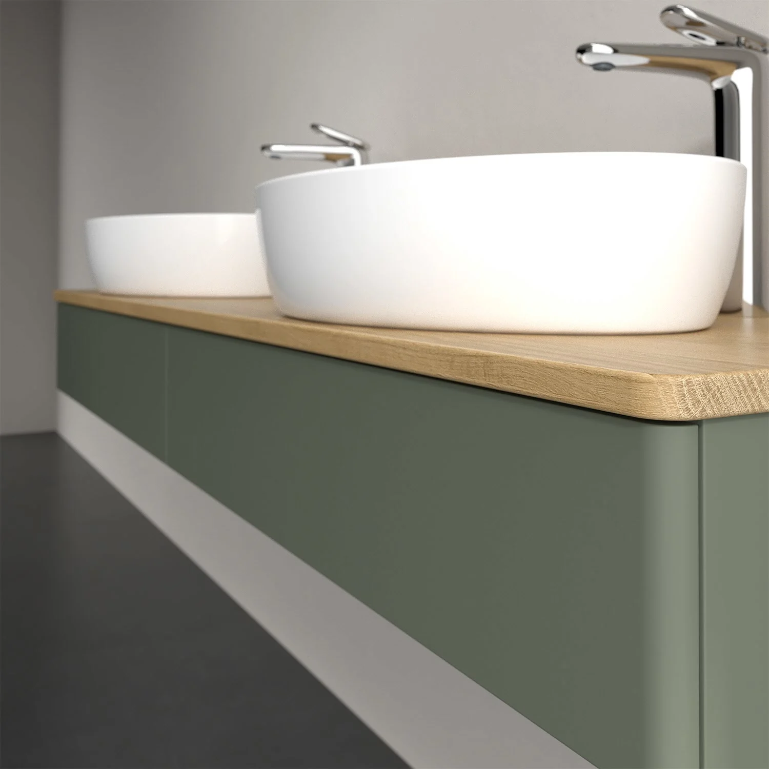 Umywalka na zielonej szafce w łazience, Villeroy & Boch