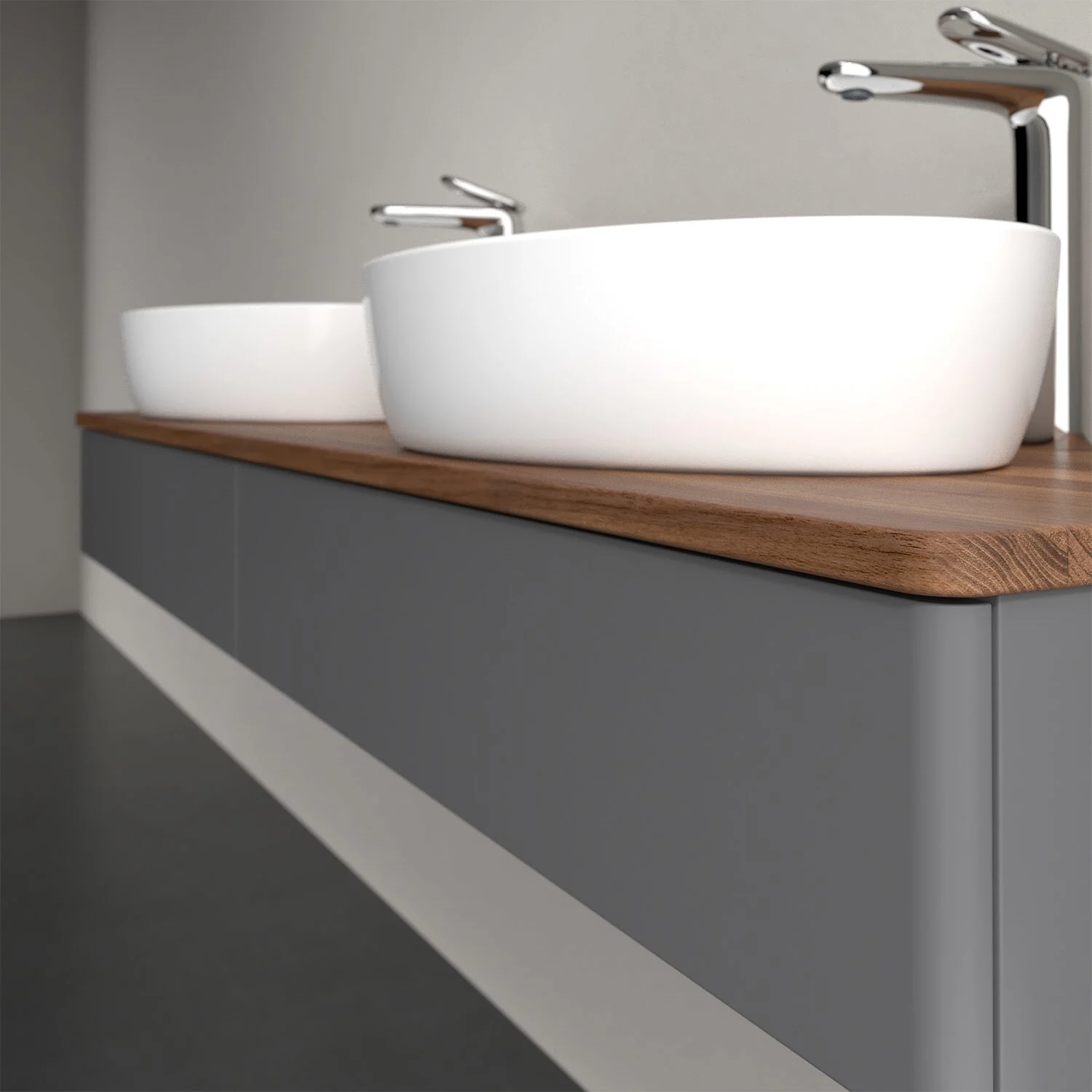 Umywalka na drewnianym blacie zbliżenie, Villeroy & Boch