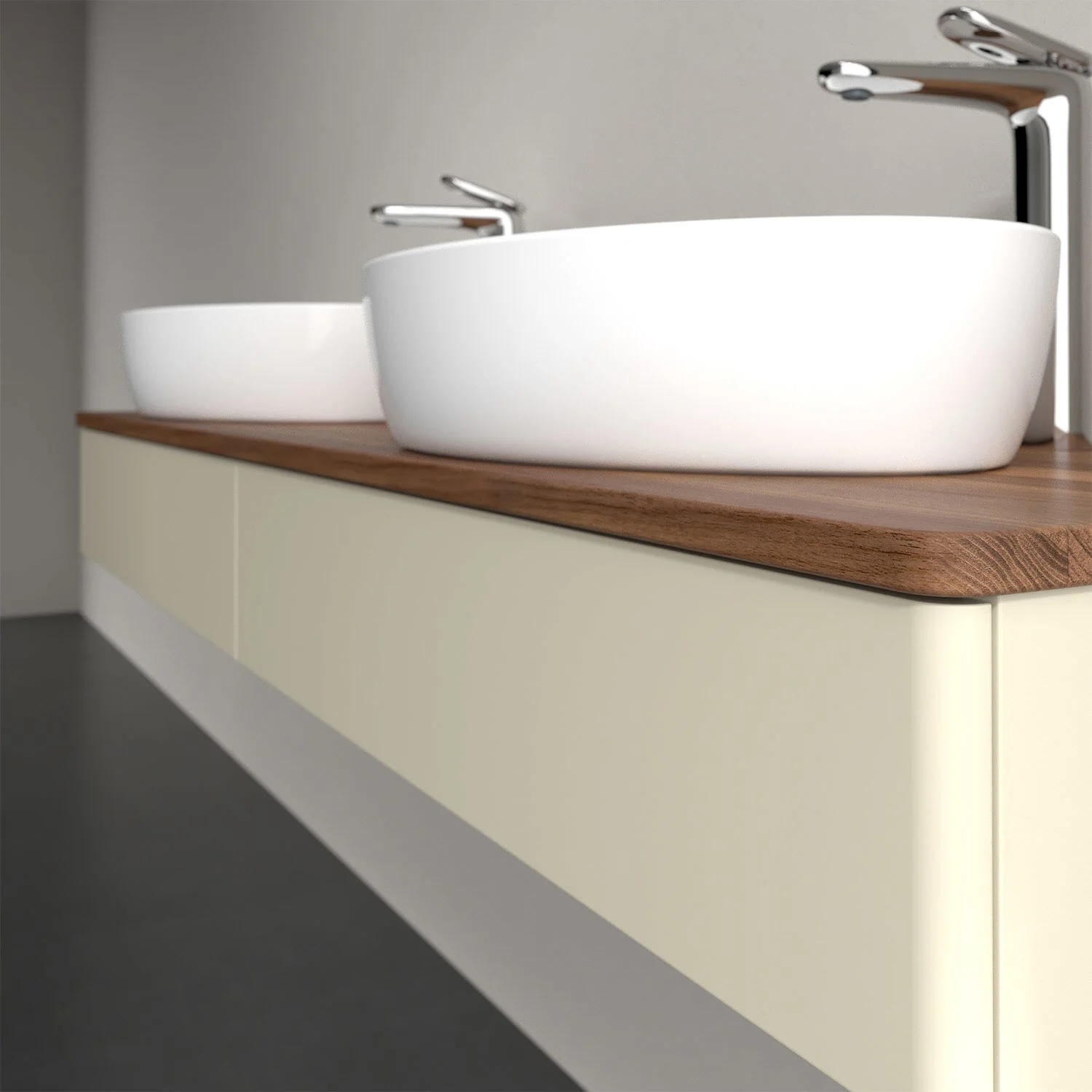 Umywalka na drewnianym blacie zbliżenie, Villeroy & Boch