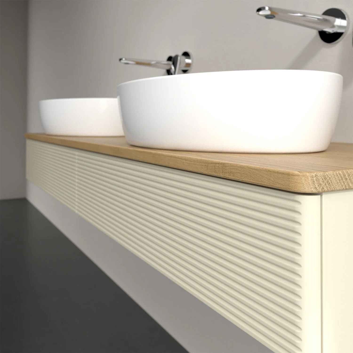 Umywalka z białą umywalką i drewnianą powierzchnią, Villeroy & Boch