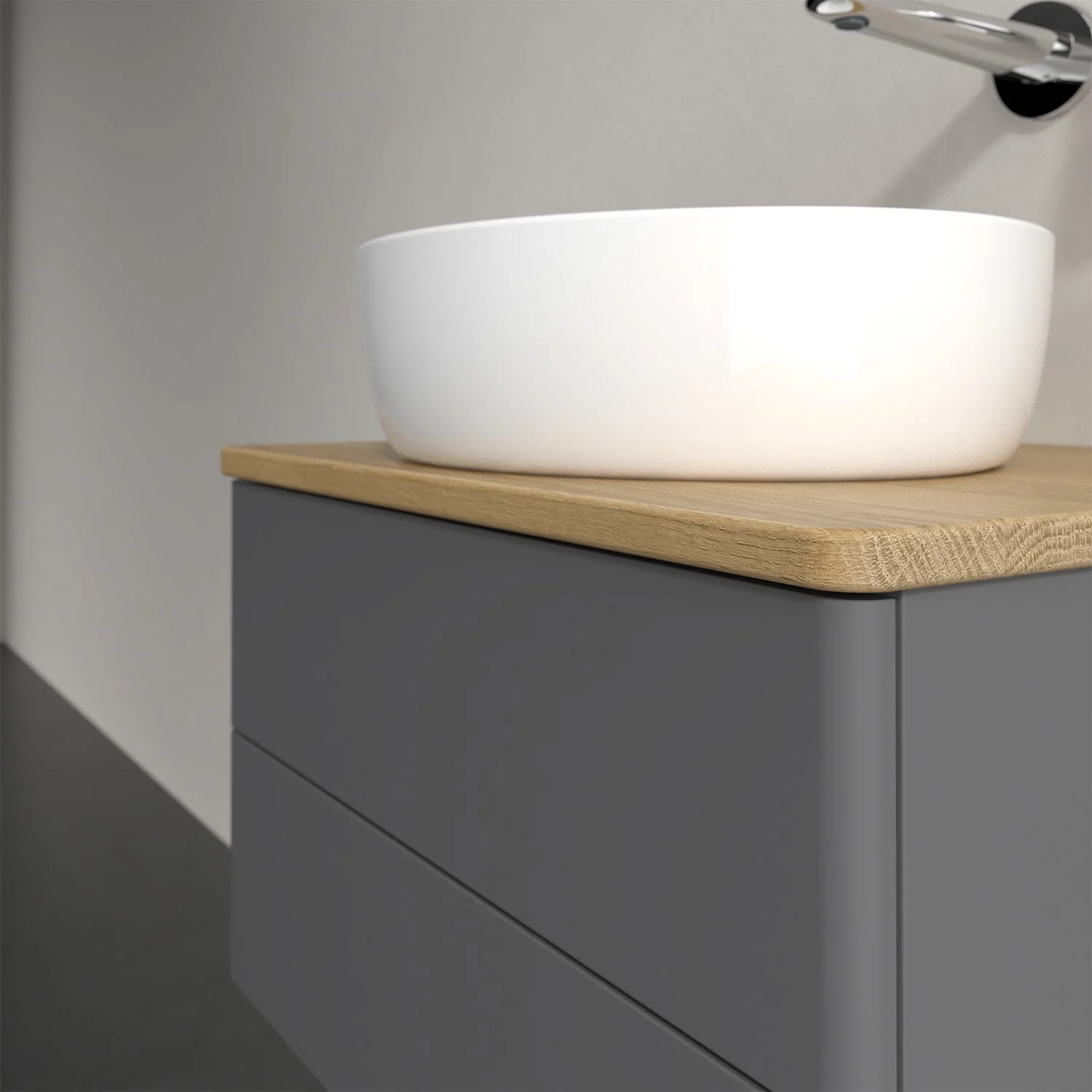 Umywalka na drewnianym blacie zbliżenie, Villeroy & Boch