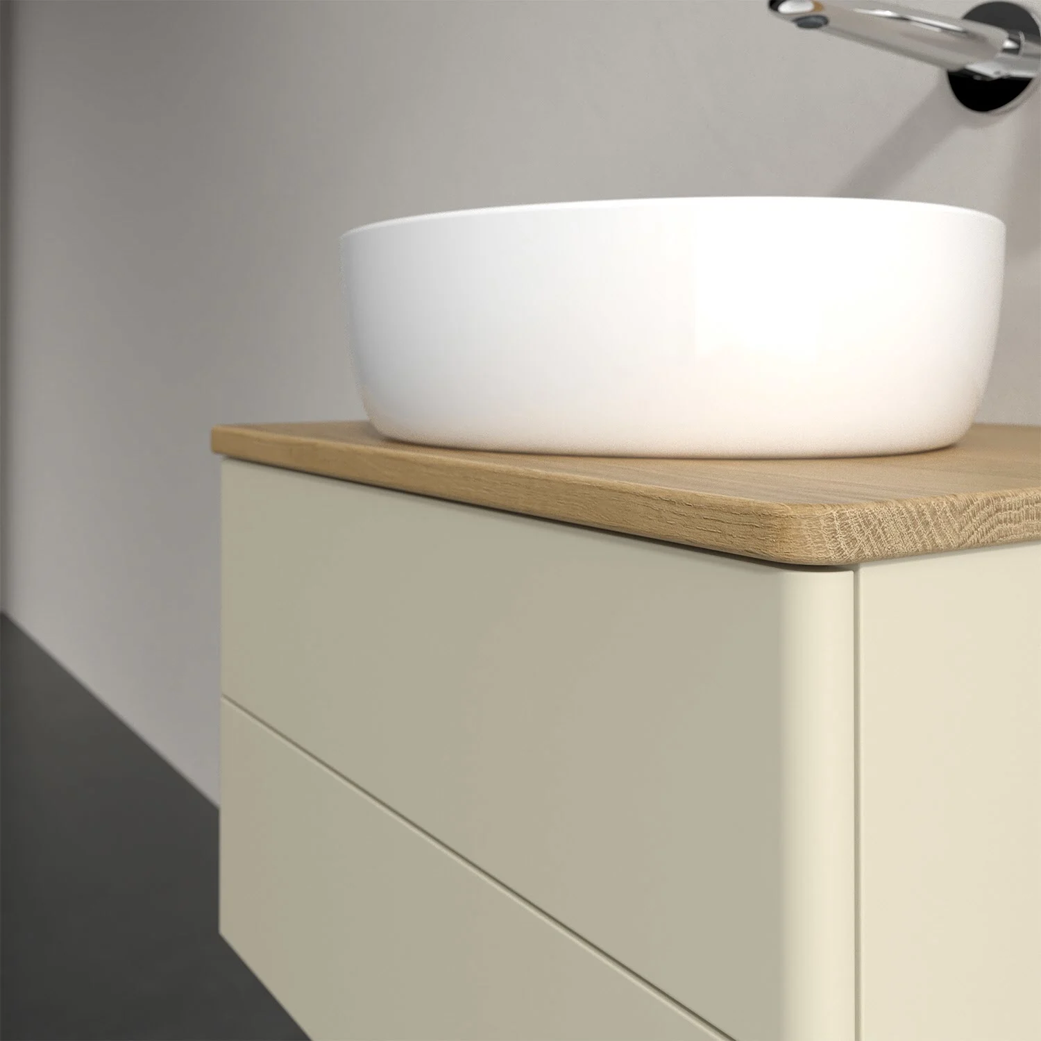 Umywalka na drewnianym blacie zbliżenie, Villeroy & Boch